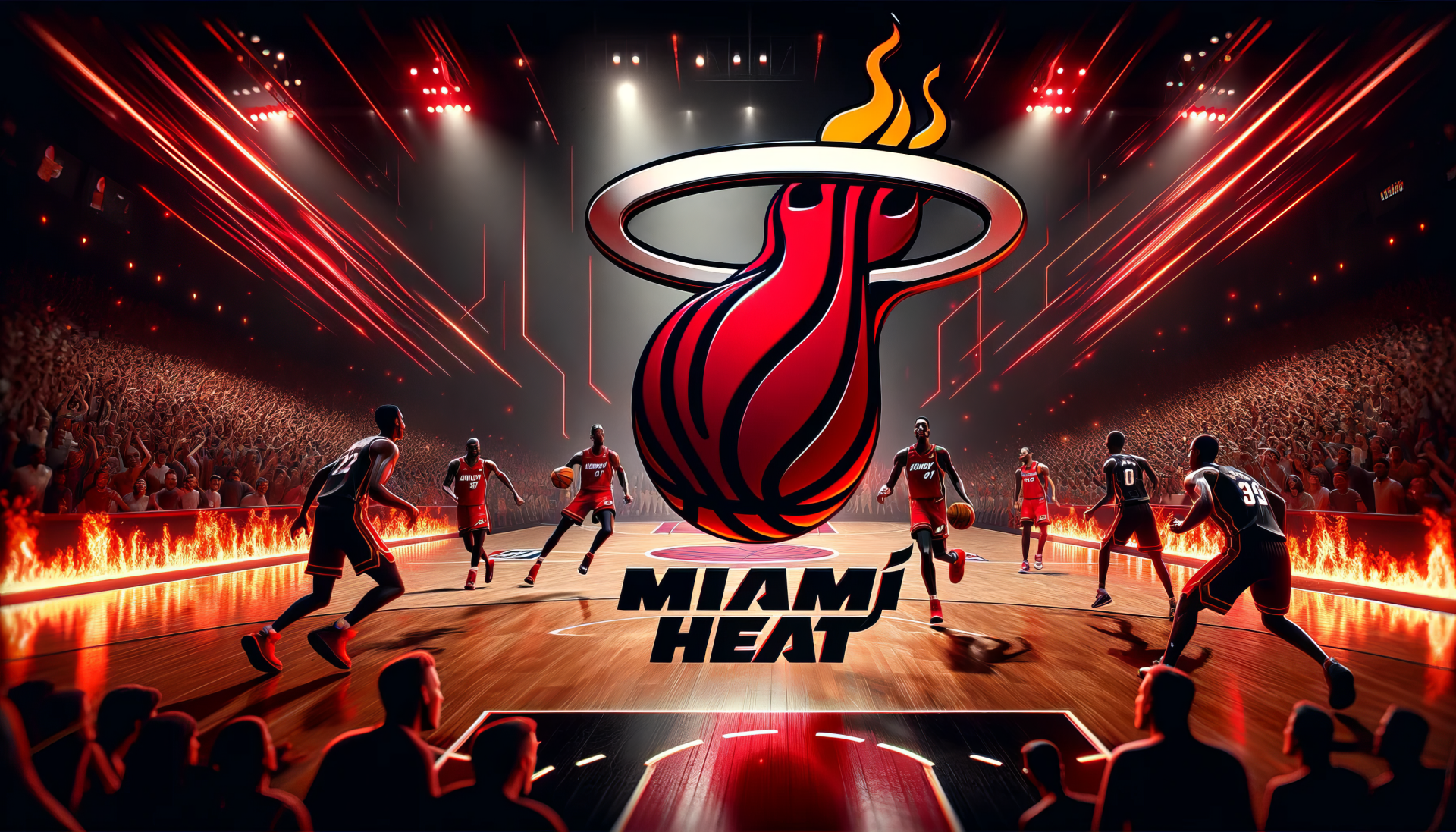 HD desktop wallpaper featuring an action-packed Miami Heat basketball game scene with team logo and vibrant court lighting.