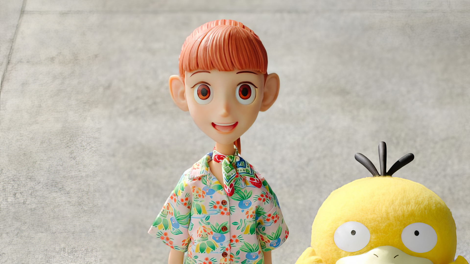 A vibrant HD wallpaper featuring a character from the Pokémon Concierge TV show, smiling alongside Psyduck, set against a textured background.
