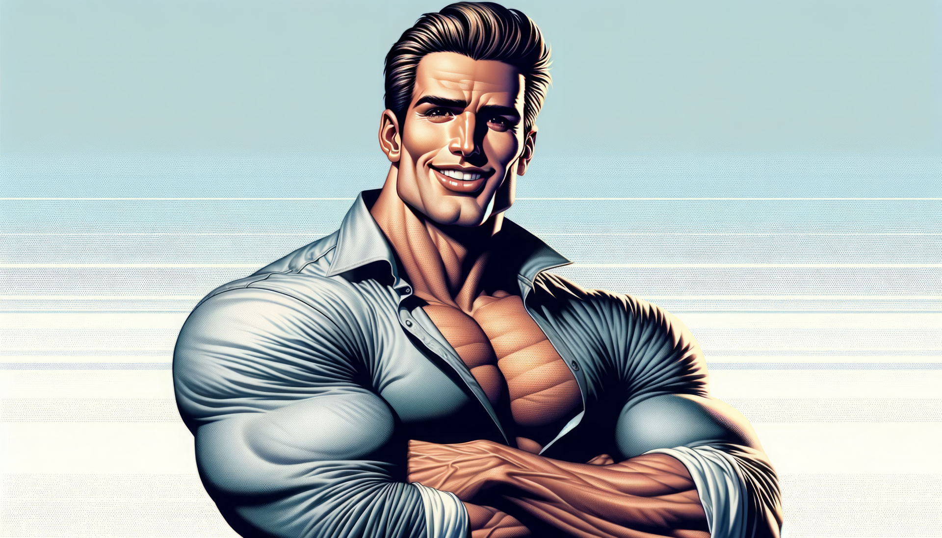 HD desktop wallpaper featuring a stylized muscular character with a confident smile, tagged as a giga chad.