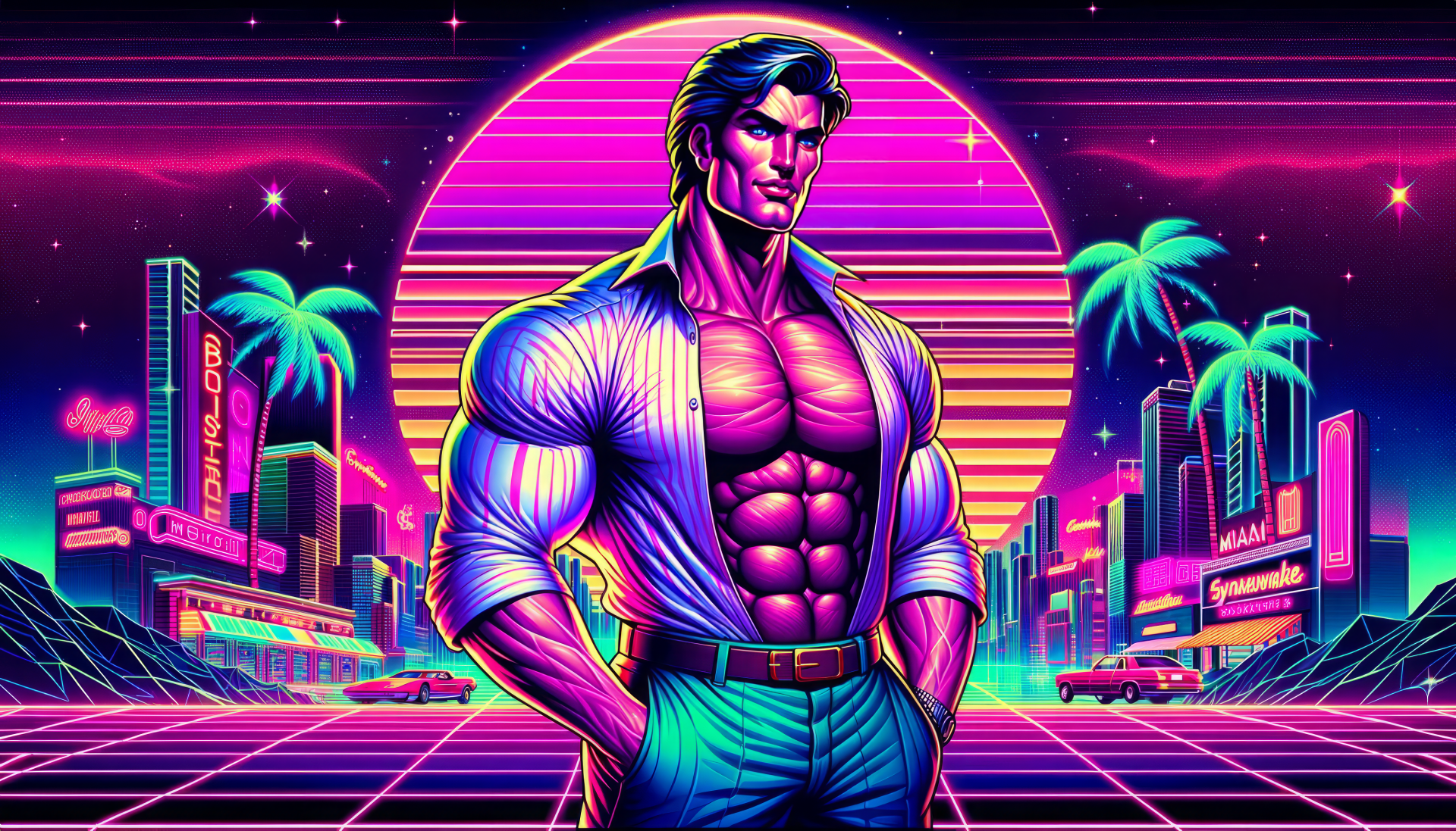 HD desktop wallpaper featuring a stylized 'Giga Chad' character with exaggerated muscular build, set against a vibrant retro-wave background with neon-lit cityscape and palm trees.