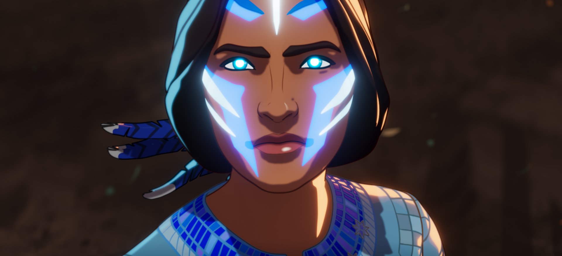 HD desktop wallpaper featuring an animated character from What If...? with glowing blue markings on her face.