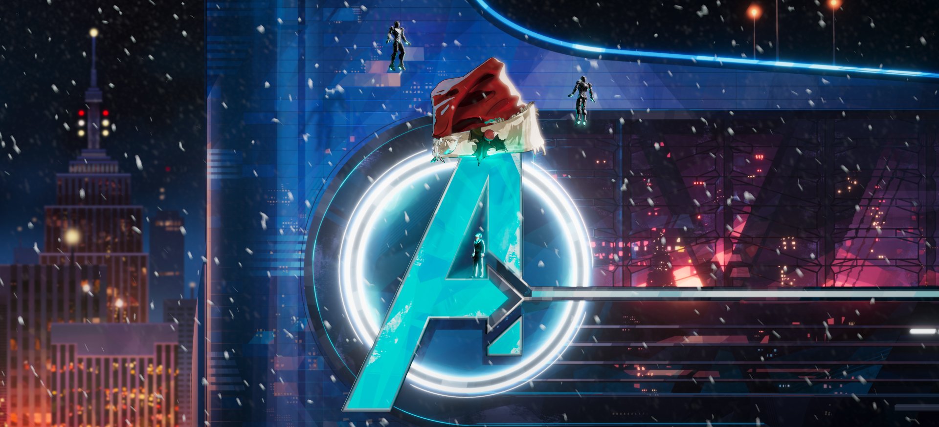 HD wallpaper featuring the logo from the TV show What If... with neon aesthetics and characters perched atop the letter in a futuristic city background.