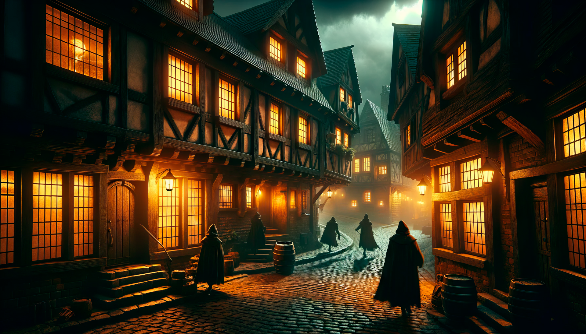 HD Wallpaper of a mystical medieval town with cobblestone streets and illuminated half-timbered houses at night