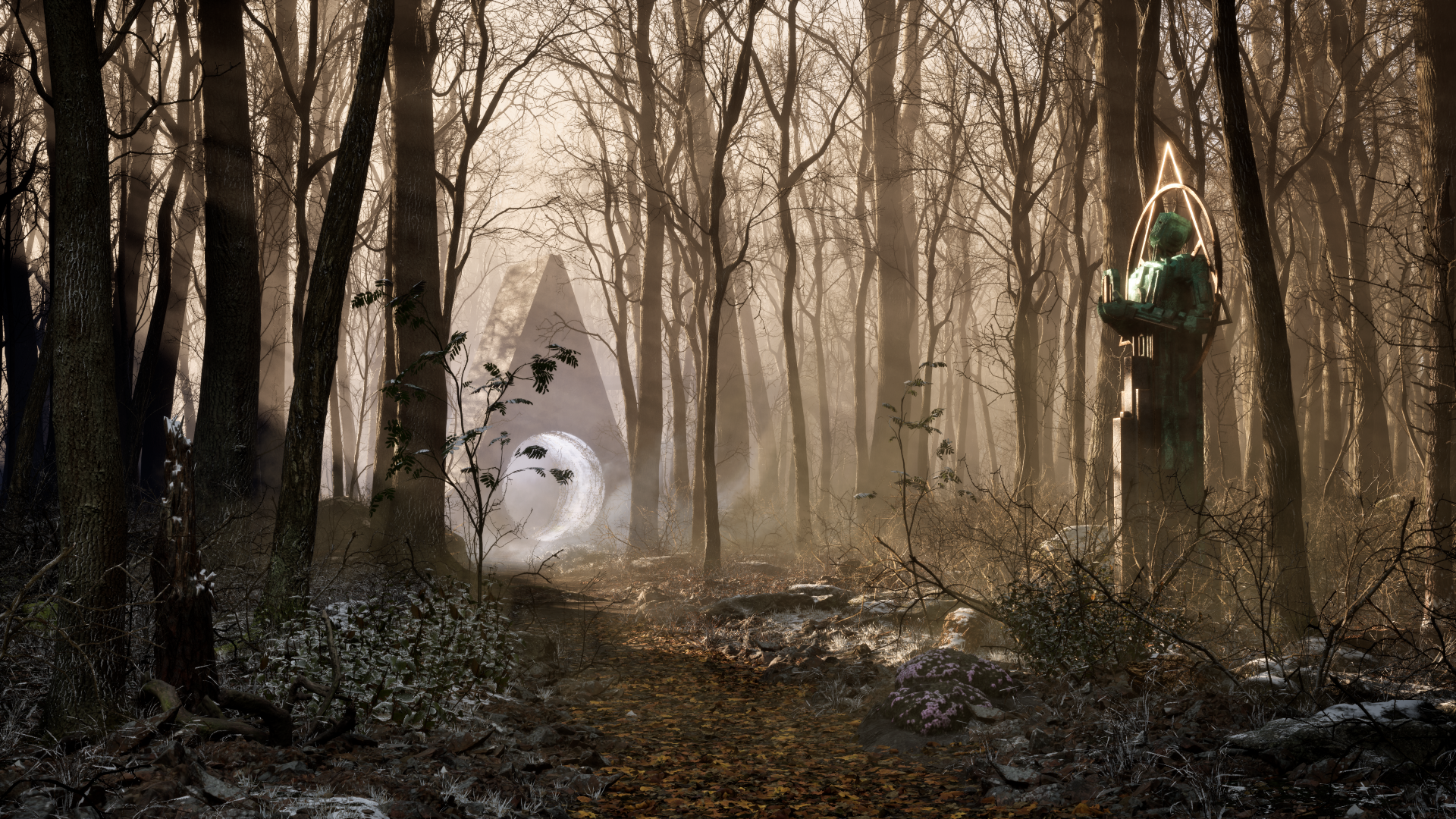 HD desktop wallpaper featuring The Talos Principle 2 video game with mysterious forest setting and sci-fi elements.
