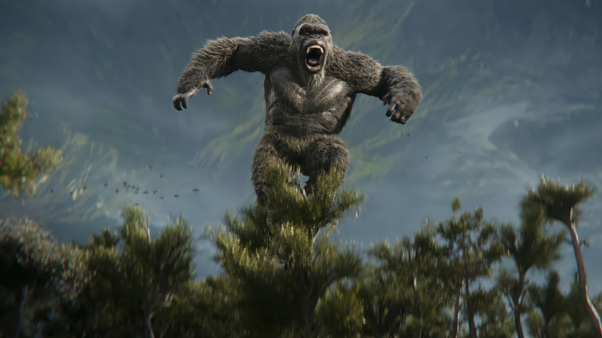 HD wallpaper featuring a powerful scene from Godzilla x Kong: The New Empire with Kong roaring amidst a mountainous landscape.