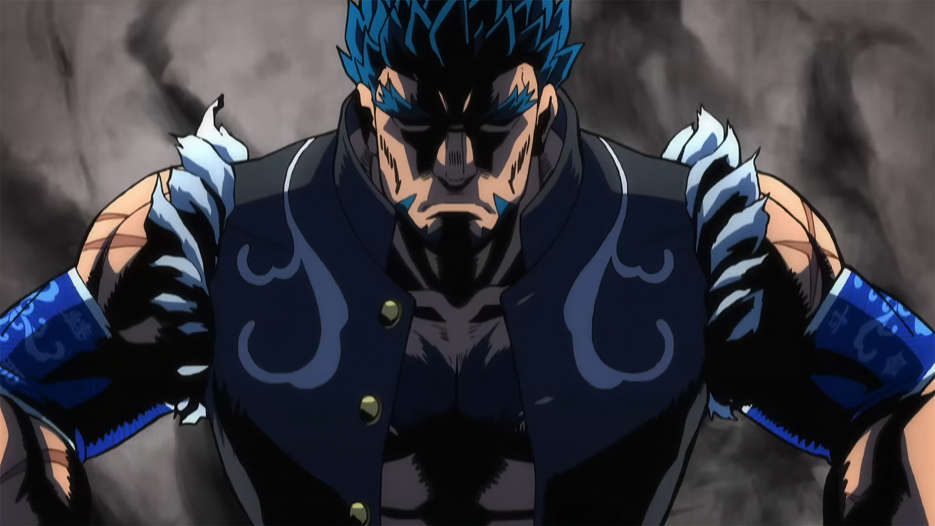 Anime character with blue spiked hair and a determined expression, from the anime Bucchigiri?! featured in a HD desktop wallpaper with a dark, textured background.