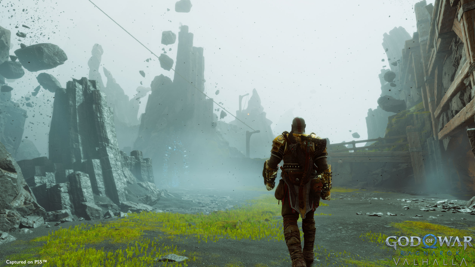 High-definition desktop wallpaper featuring a scene from God of War: Ragnarök, showcasing a character exploring a misty, mystical Norse environment.