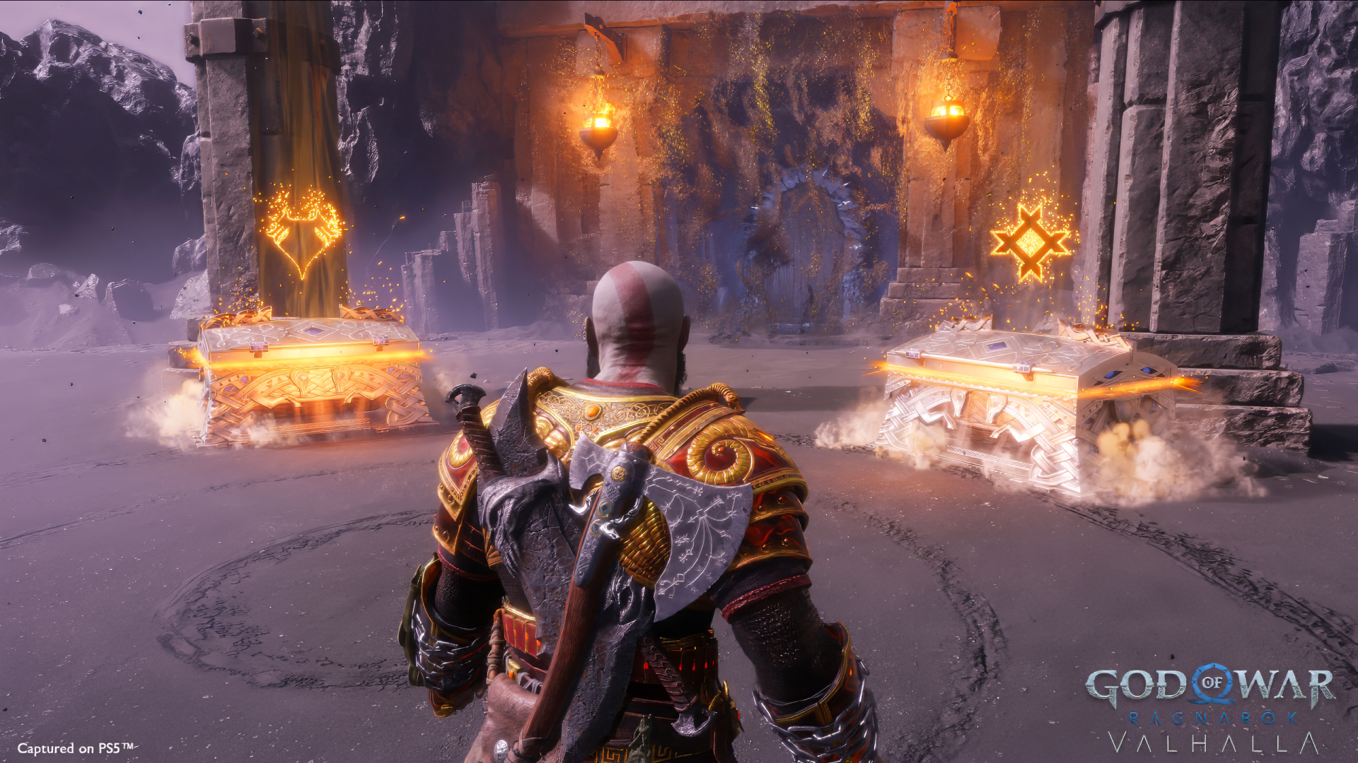 HD desktop wallpaper from God of War: Ragnarök, featuring the protagonist in a mythical Norse setting with ornate architecture.