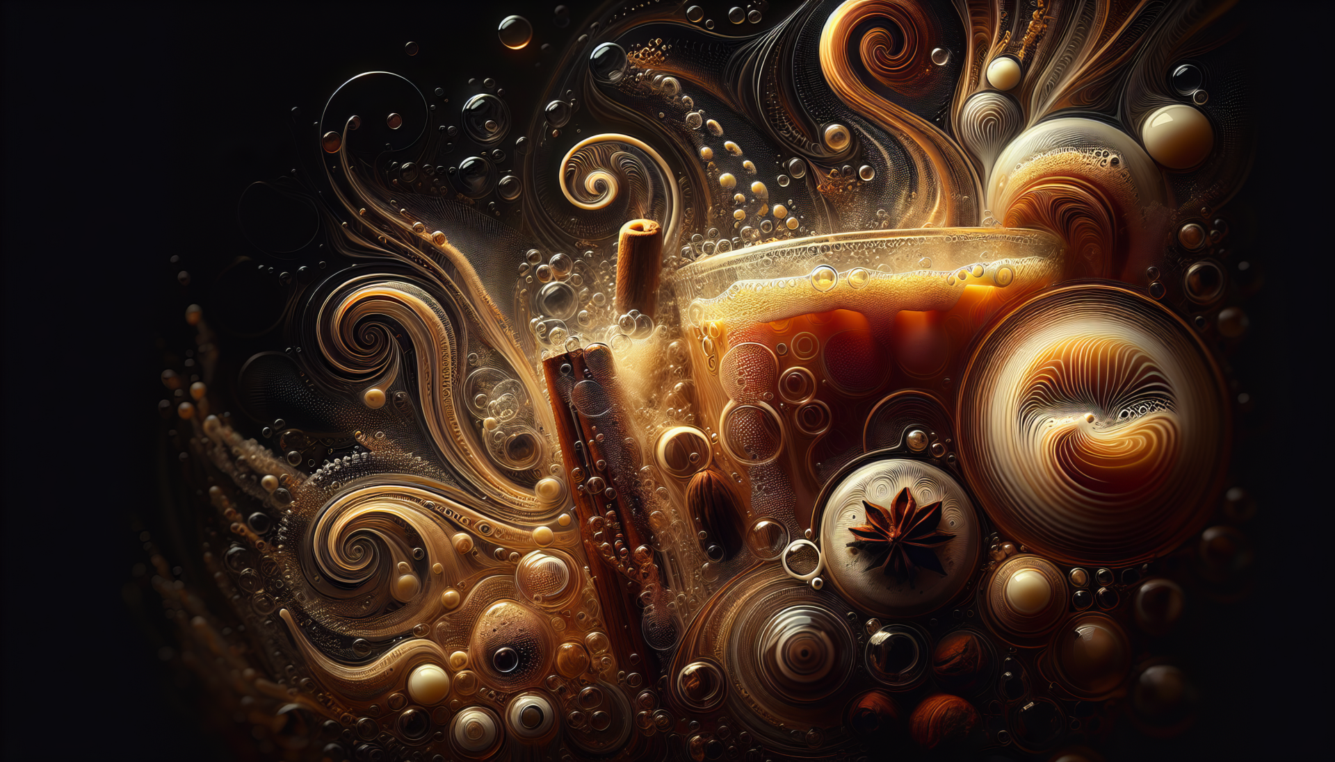 HD wallpaper featuring an artistic representation of chai tea with swirling cinnamon sticks, star anise, and creamy bubbles on a dark background.