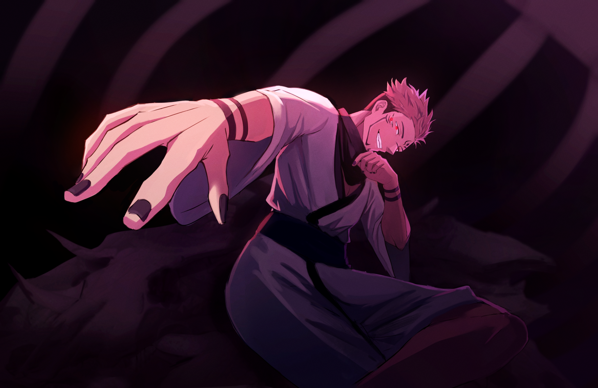 HD anime wallpaper featuring Sukuna from Jujutsu Kaisen in a dynamic pose with dark, swirling background elements.