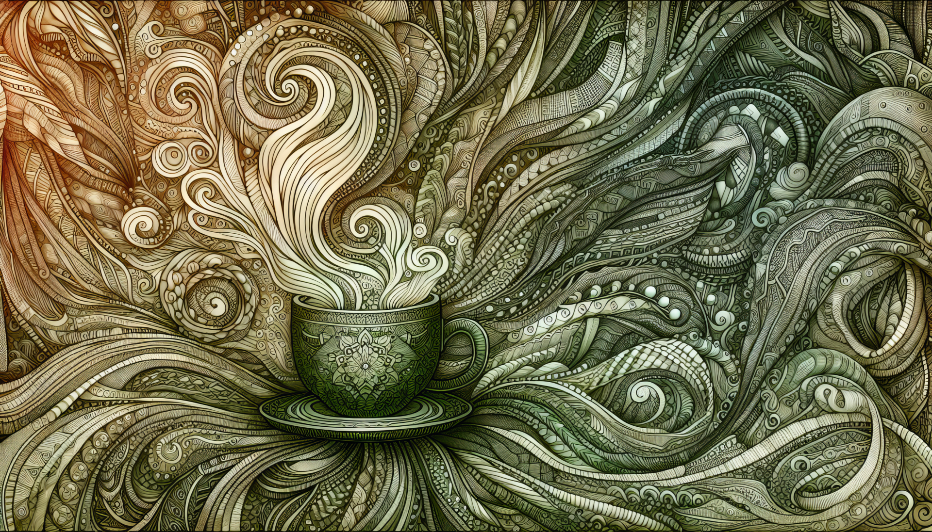 Alt Text: Artistic HD wallpaper featuring a stylized green tea cup with ornate patterns and swirling steam, set against an intricate, abstract background.