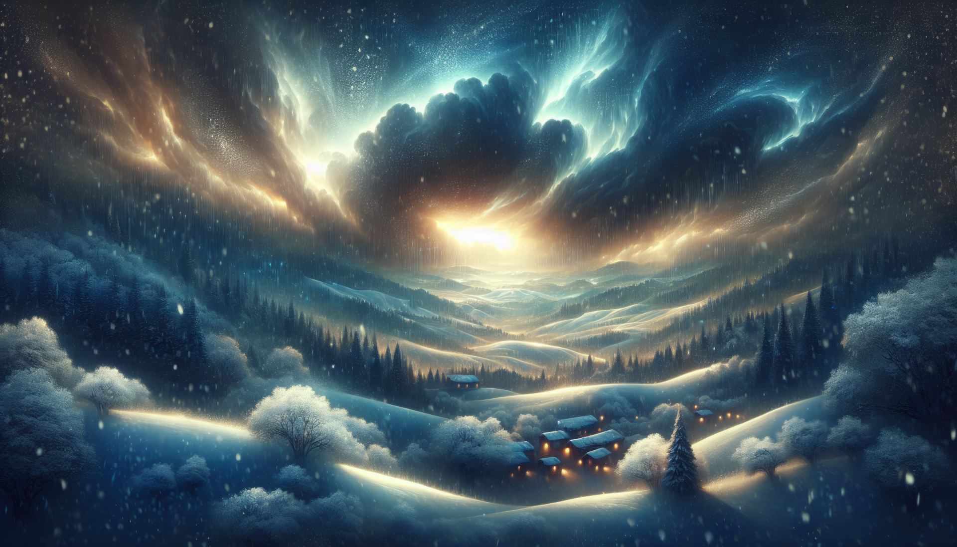 A captivating HD wallpaper showing a serene snowstorm landscape with glowing clouds above snow-covered hills and a quaint village, creating a tranquil and magical winter atmosphere.