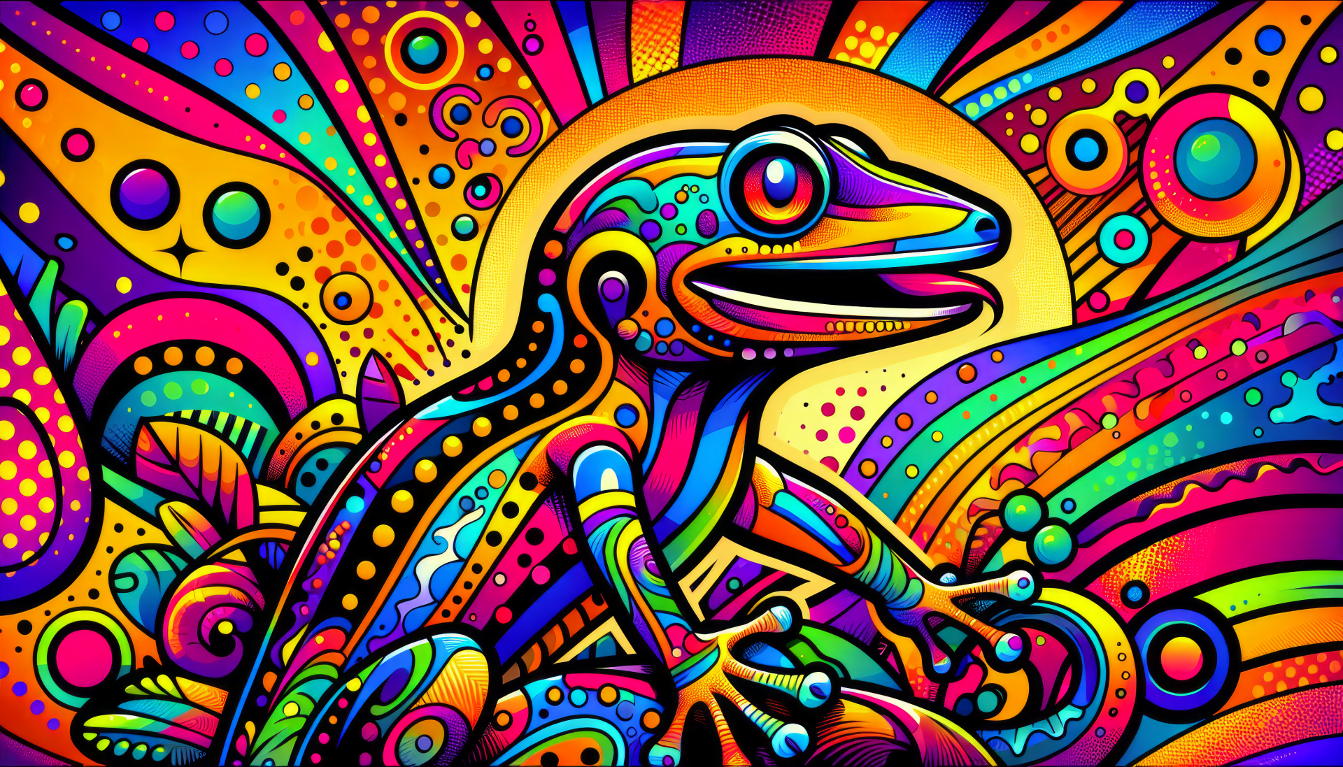 A vibrant HD desktop wallpaper featuring a colorful gecko against a background of abstract patterns and bright colors, creating a lively and artistic atmosphere.