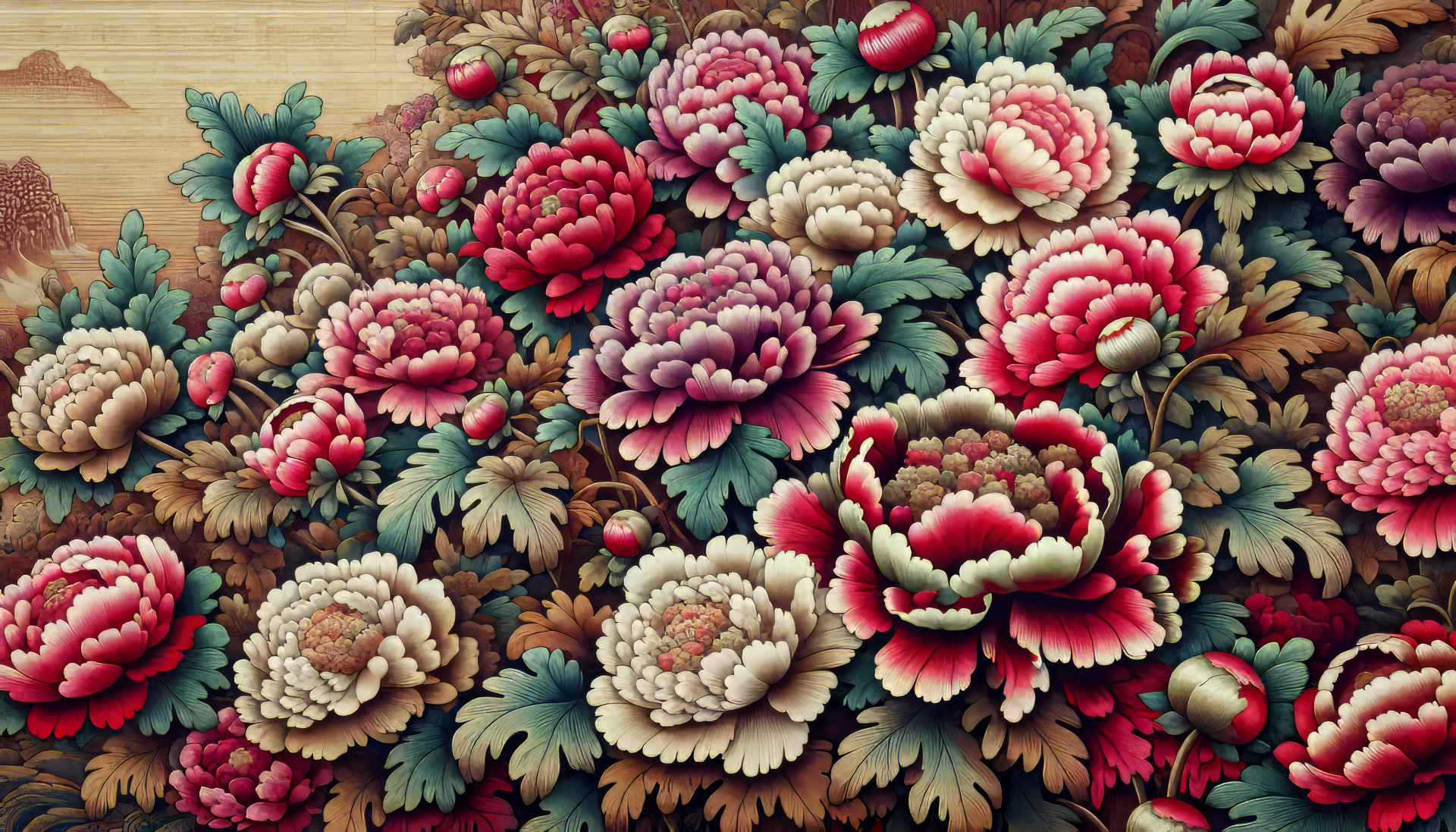 HD desktop wallpaper featuring a lush pattern of blooming peony flowers with vibrant colors on a wooden texture background.