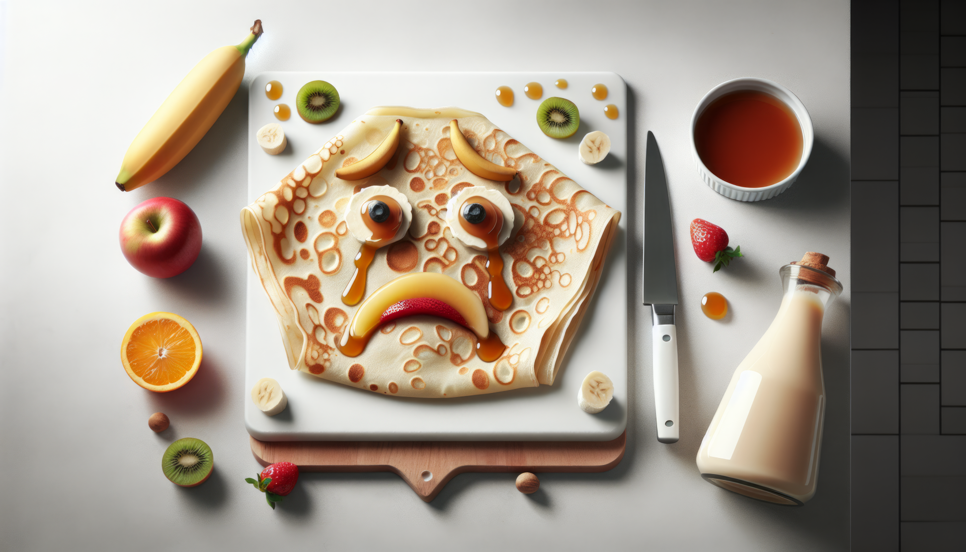 Creative HD desktop wallpaper featuring a crêpe styled as a quirky face, surrounded by fresh fruit and a bottle of milk, with a knife and syrup on the side.