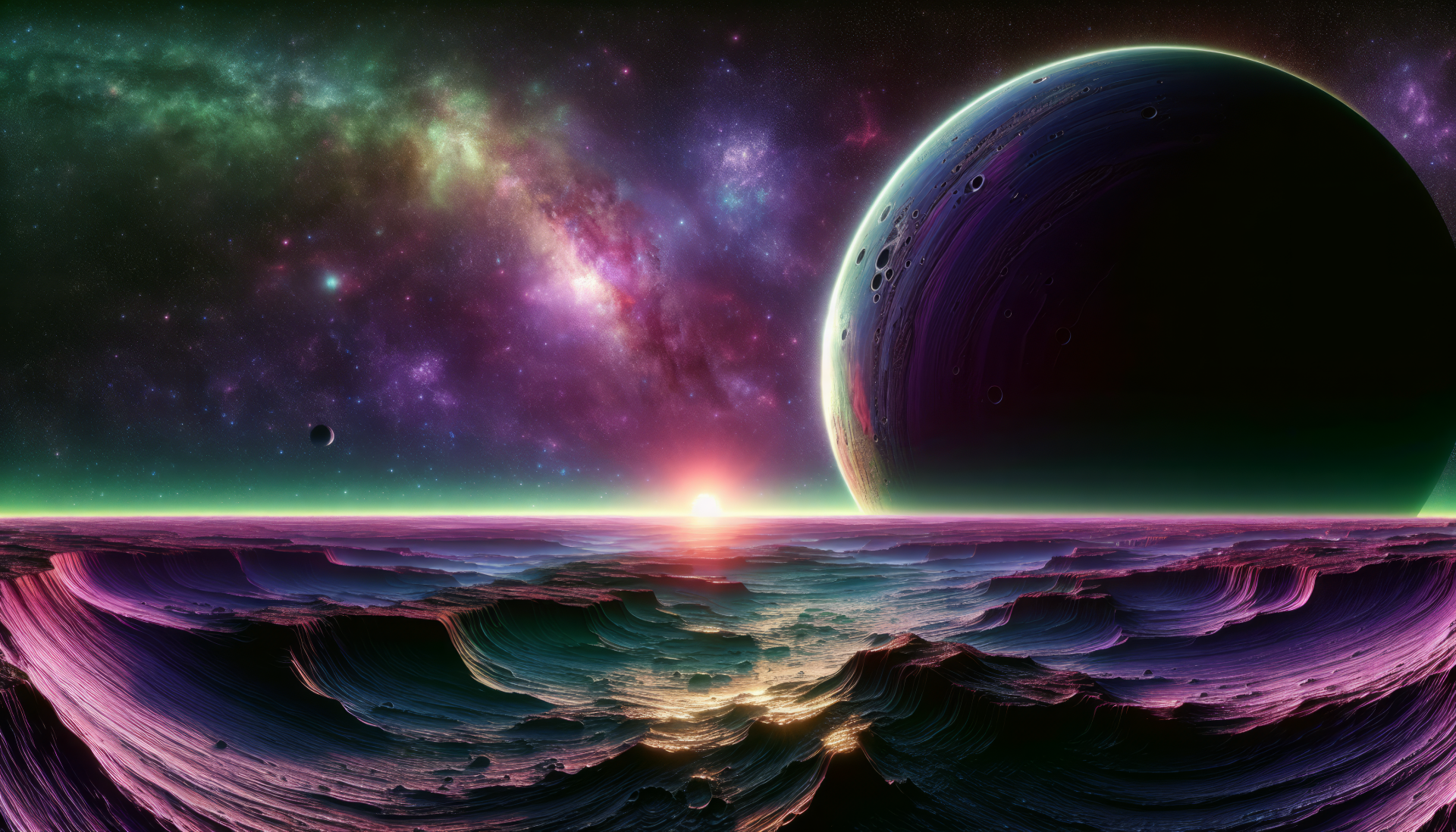 A stunning HD desktop wallpaper featuring a cosmic scene with a planet rising over a shimmering ocean, illuminated by a vibrant celestial background.