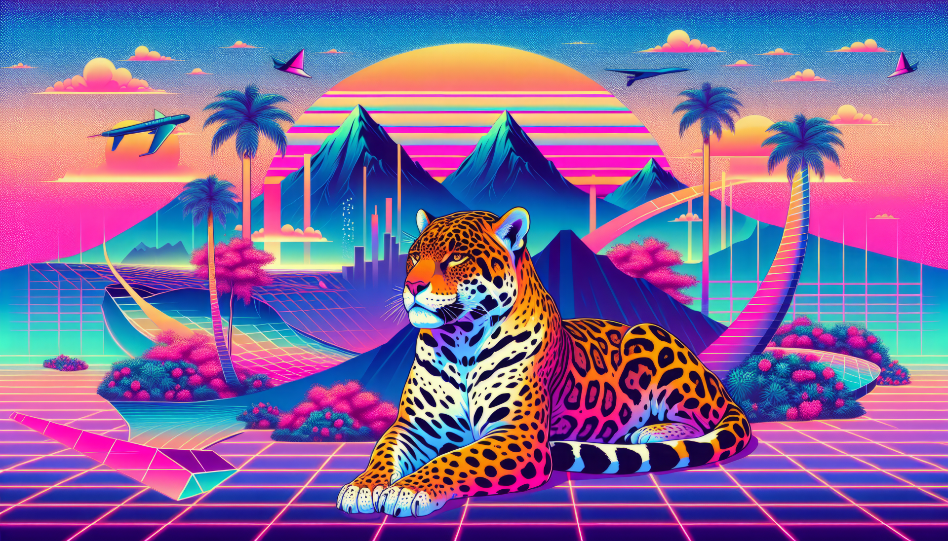 HD desktop wallpaper featuring a vibrant illustration of a jaguar in a retro-futuristic, neon-lit landscape with palm trees and a sunset.