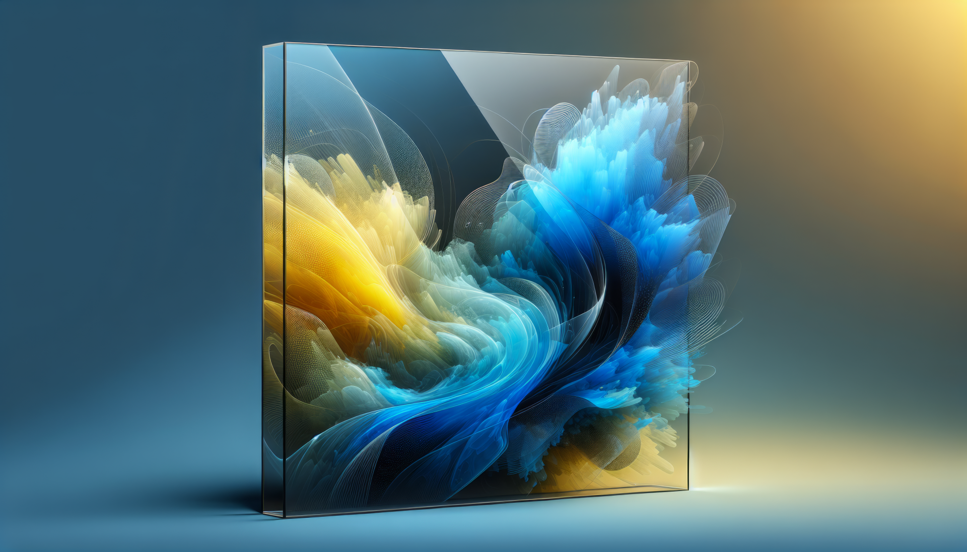 HD wallpaper featuring an abstract glass art design with swirling blue and yellow patterns on a gradient background.