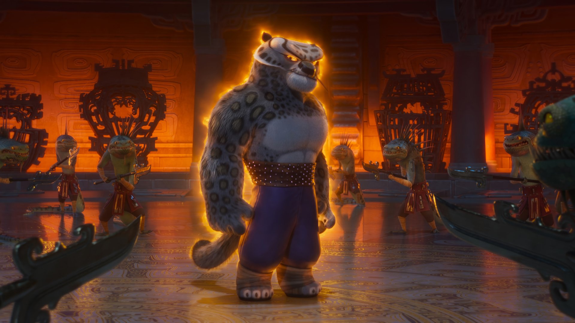 Tai Lung stands imposingly in a dramatic scene from Kung Fu Panda 4, surrounded by shadowy figures in an ancient temple, capturing the intense action and vibrant colors of the film.
