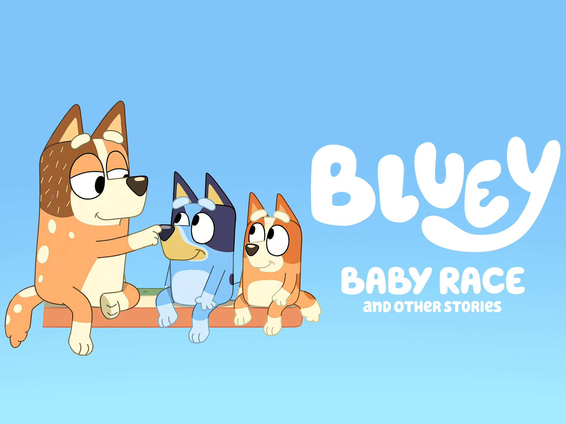 HD desktop wallpaper featuring the animated characters from Bluey in Baby Race and Other Stories against a light blue background.