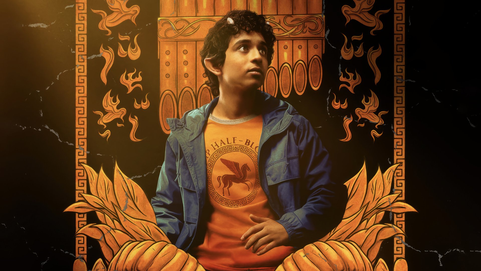 HD desktop wallpaper featuring a scene from the TV Show 'Percy Jackson and the Olympians' with a thoughtful character in the center, set against a mythological-themed backdrop.