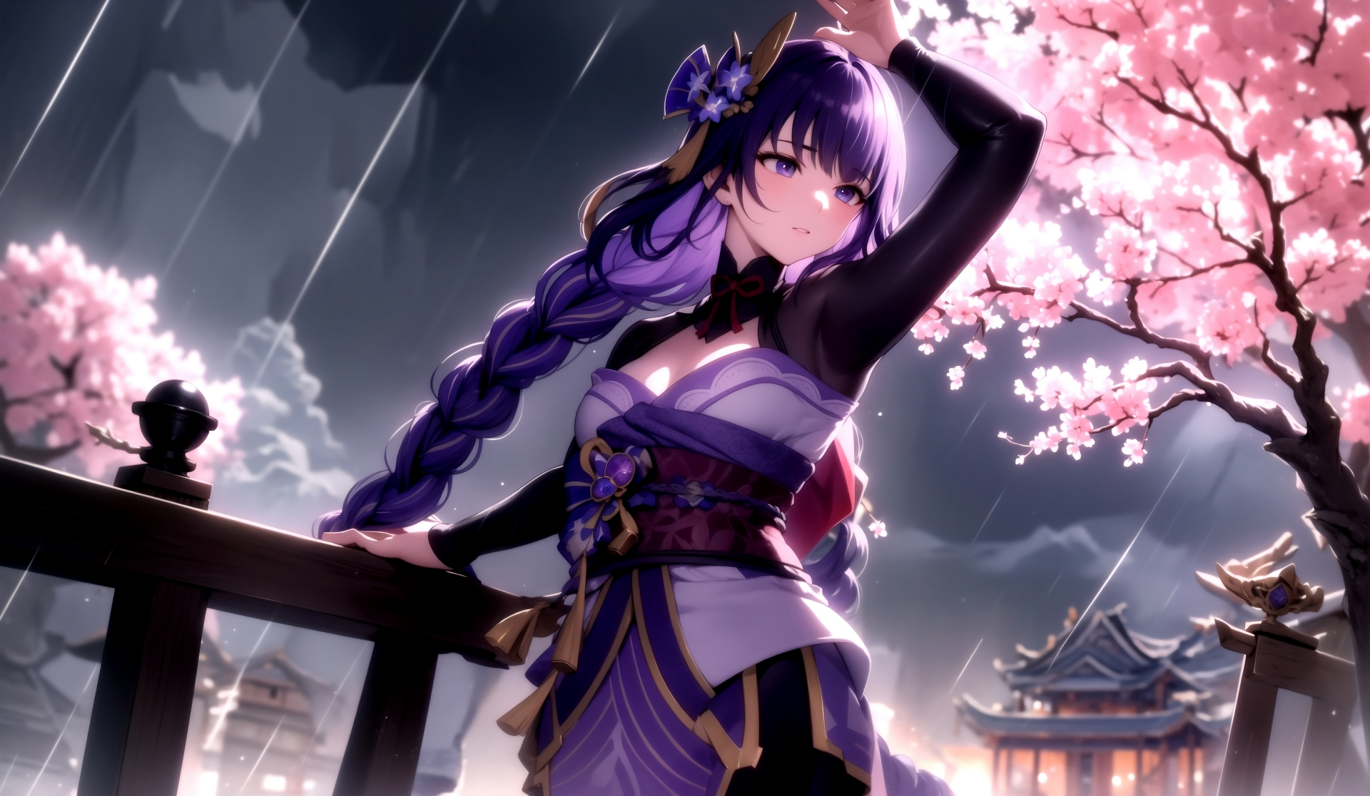 4K Ultra HD wallpaper featuring Baal Raiden Shogun from Genshin Impact, standing under cherry blossoms with a traditional Japanese building in the background.