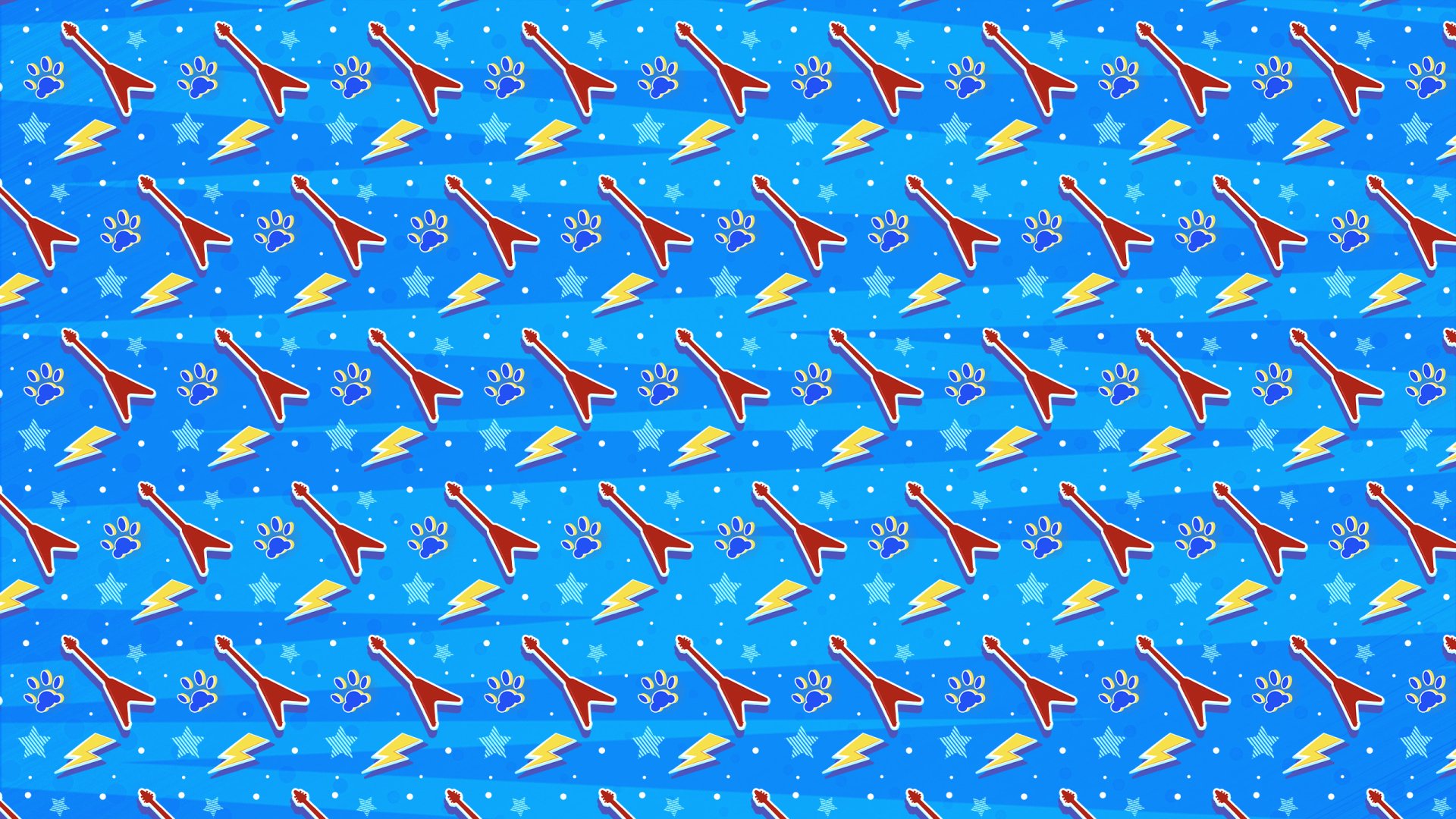 HD desktop wallpaper featuring a vibrant blue background adorned with red rockets, yellow lightning bolts, and playful stars, inspired by the video game Hi-Fi Rush.