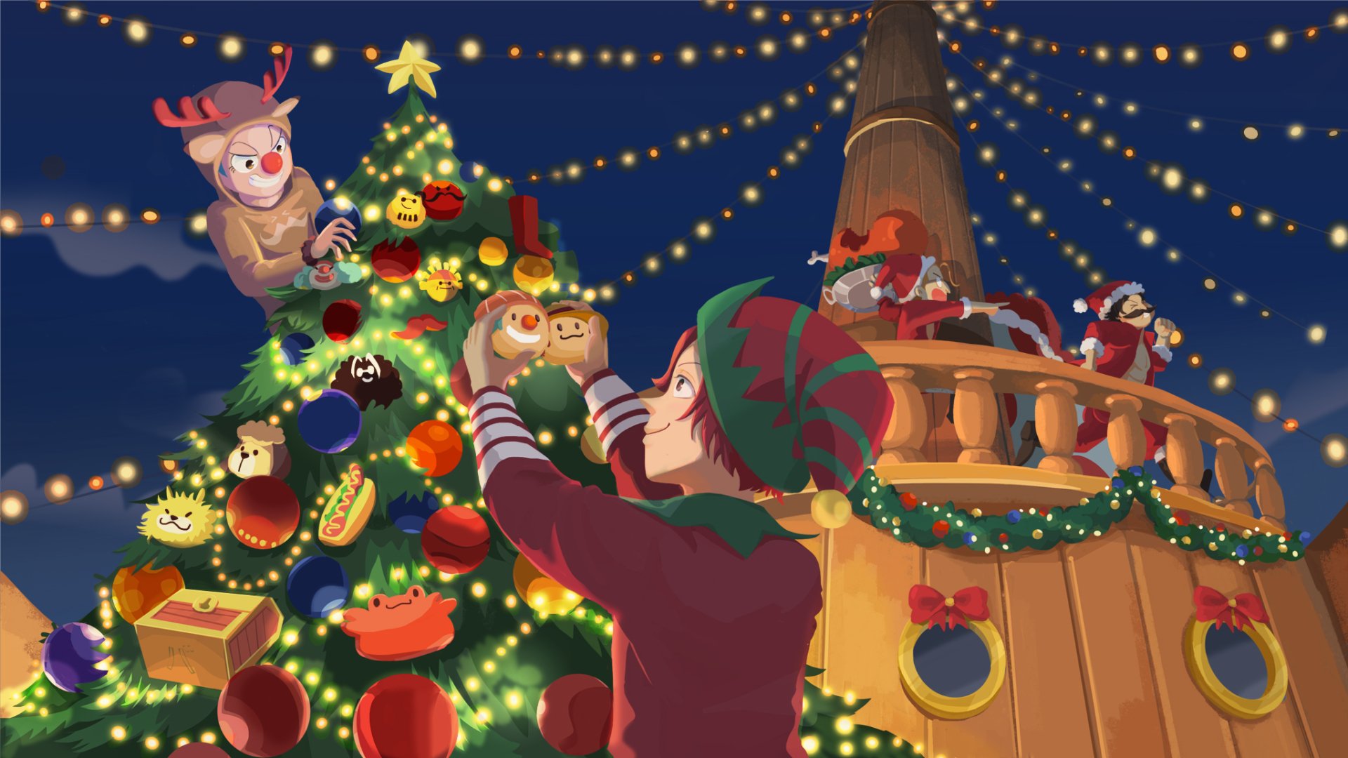 Anime-style HD desktop wallpaper featuring One Piece characters Buggy and Shanks decorating a Christmas tree and ship deck with festive lights and ornaments.