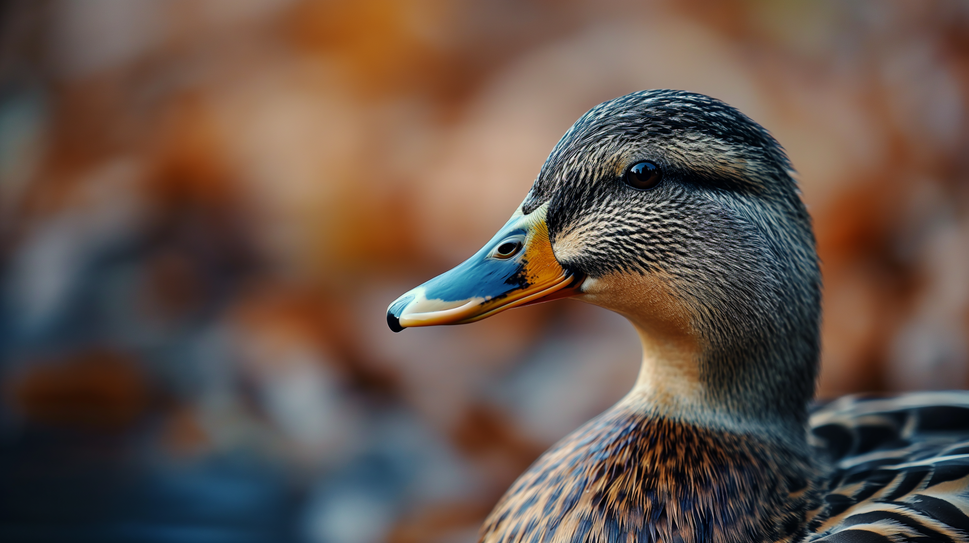 HD wallpaper of a close-up duck with a blurred autumn background.