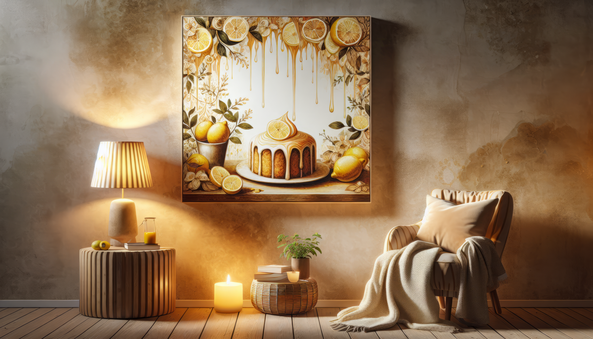 A cozy interior featuring a lemon drizzle cake artwork, complemented by warm lighting and a comfy chair, creating an inviting atmosphere for a desktop wallpaper.