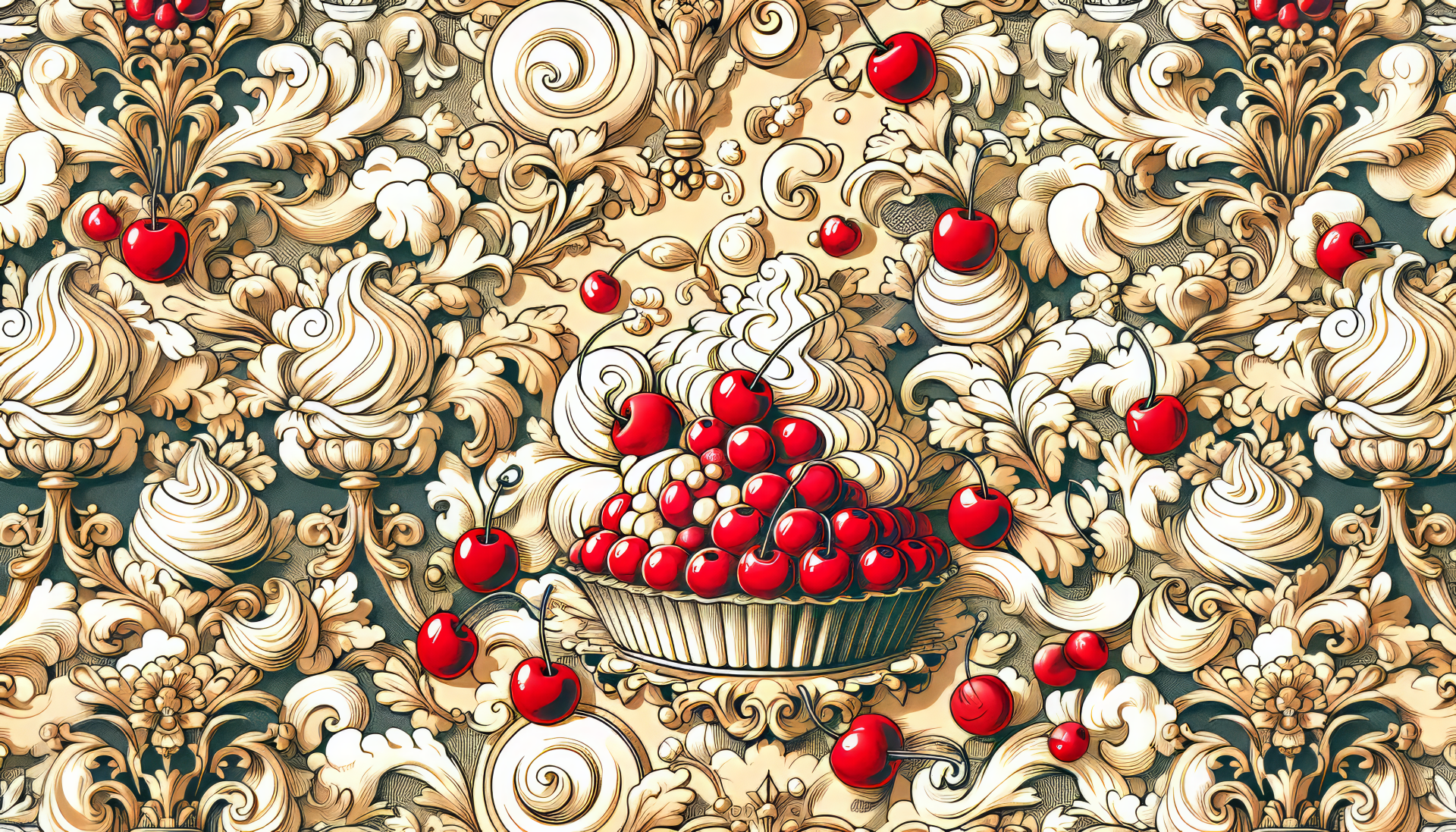 HD wallpaper featuring a stylized cherry pie on an ornate floral background.