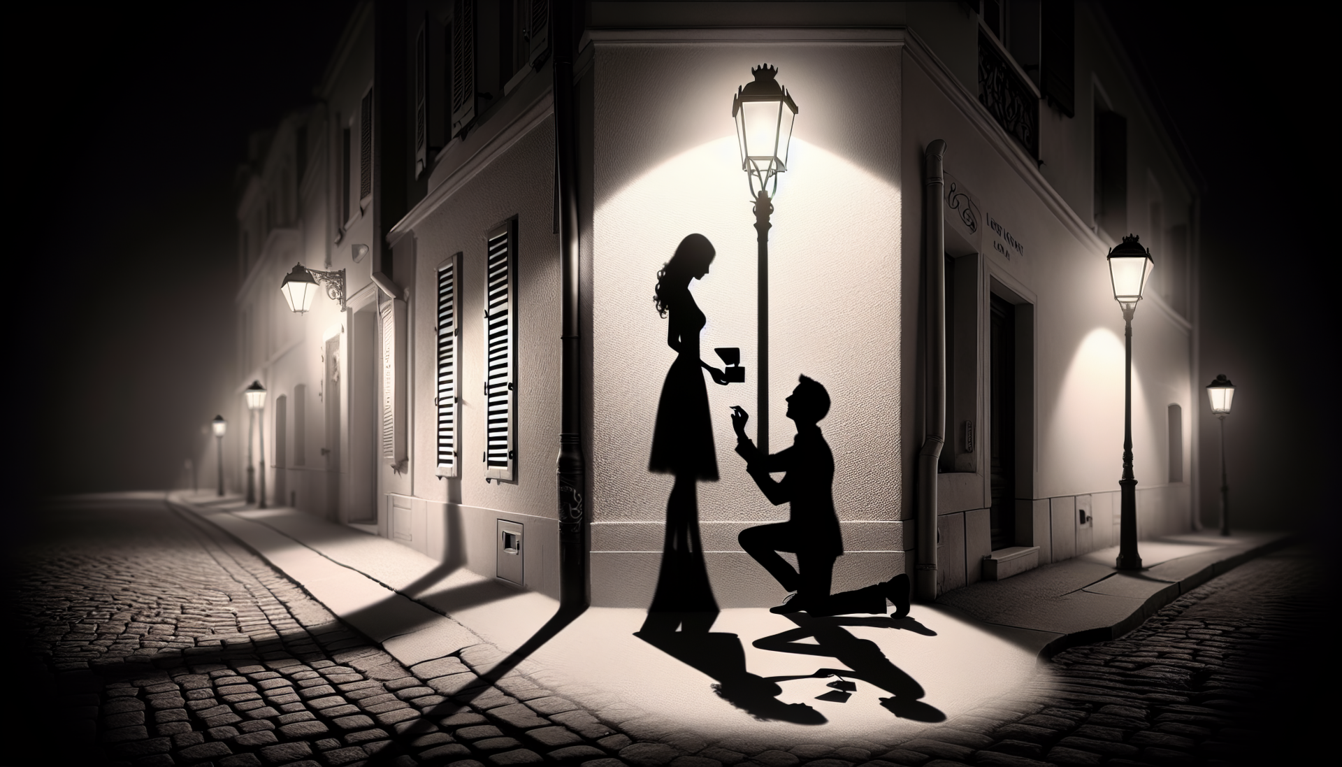 HD wallpaper of a silhouette of a person proposing to another under a street lamp at night.