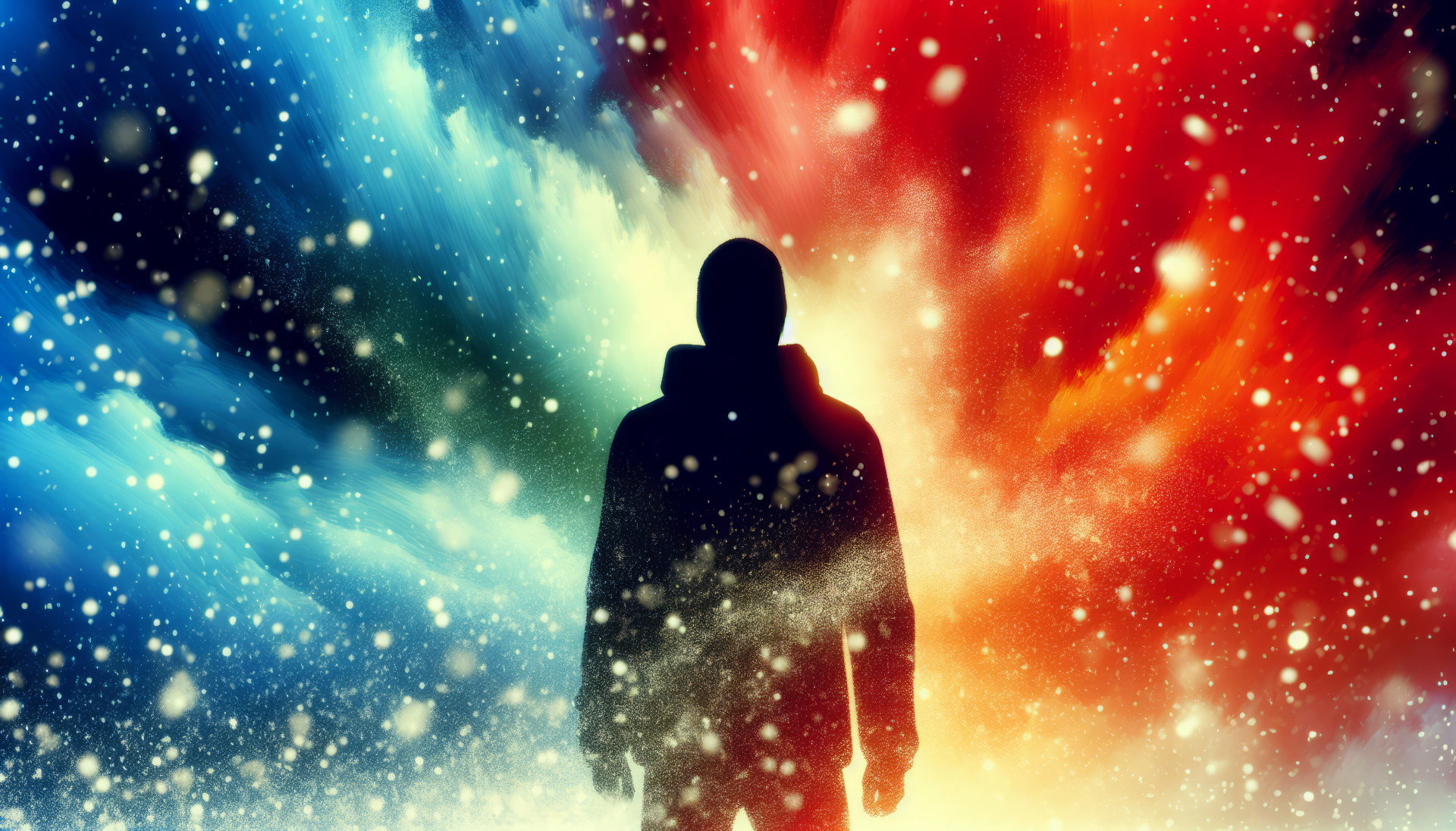 Silhouette of a person standing in a snowstorm with a vibrant blue and red abstract background, HD desktop wallpaper.