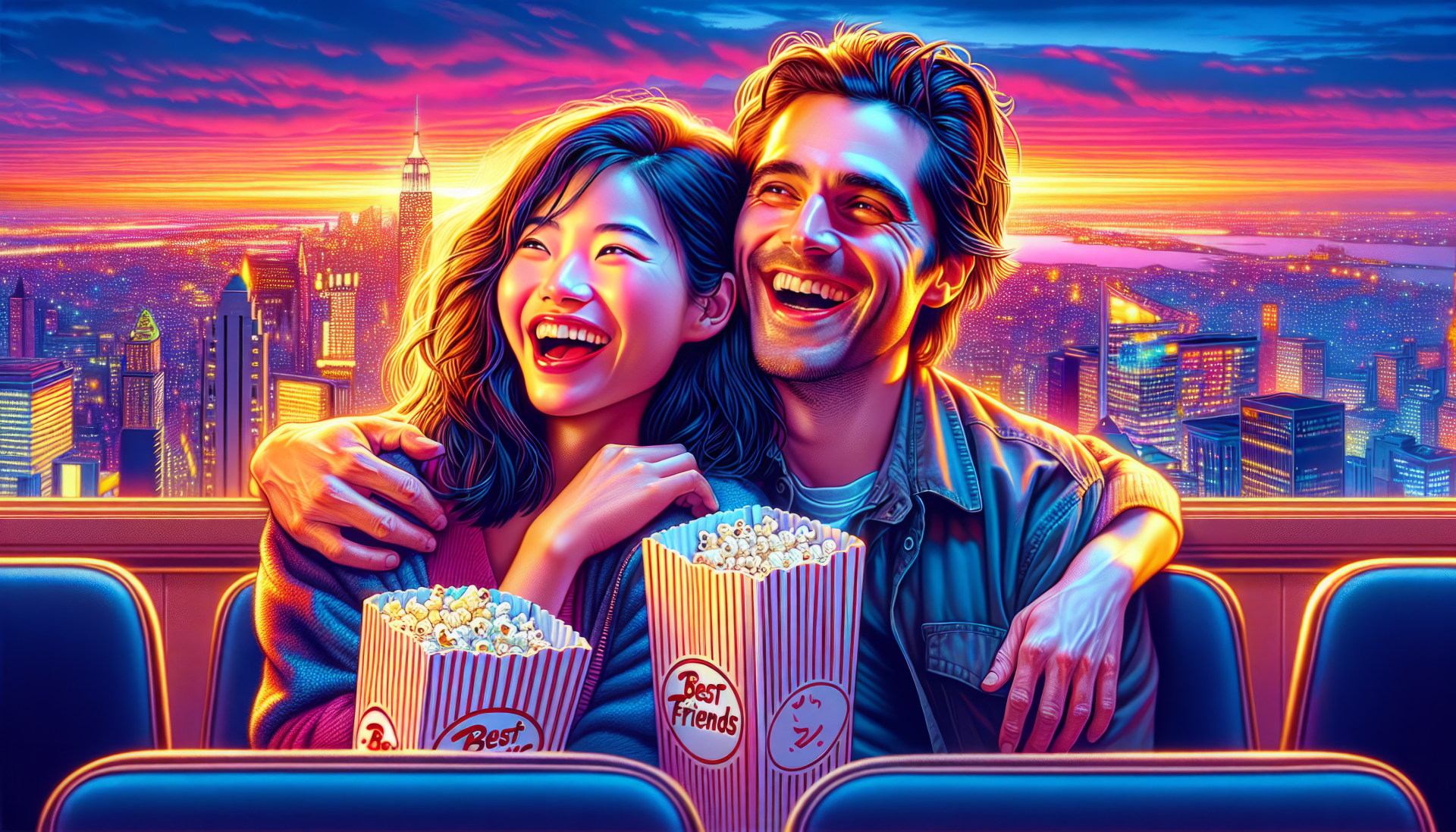 HD desktop wallpaper featuring two best friends laughing and holding popcorn at a cinema with a vibrant sunset cityscape background.