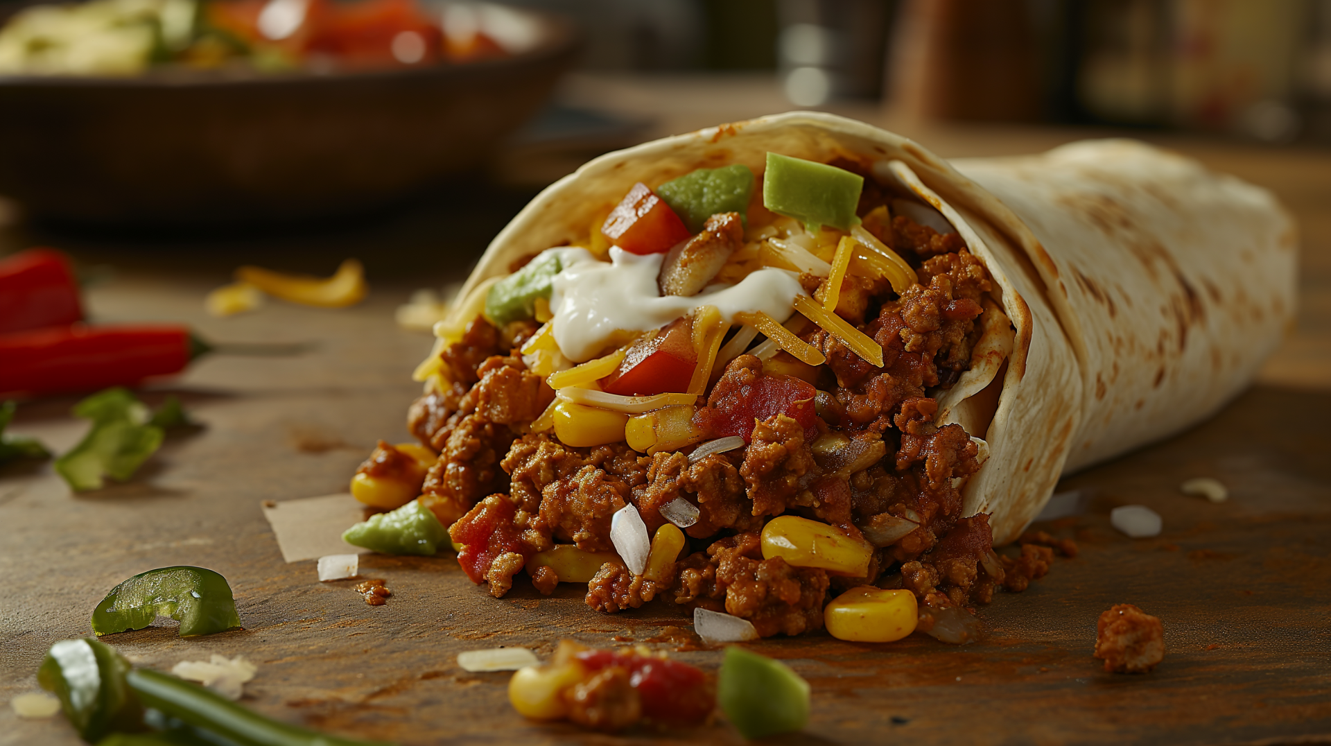 A close-up of a delicious burrito filled with seasoned meat, cheese, and fresh vegetables, set against a rustic wooden background, serves as a vibrant HD desktop wallpaper.