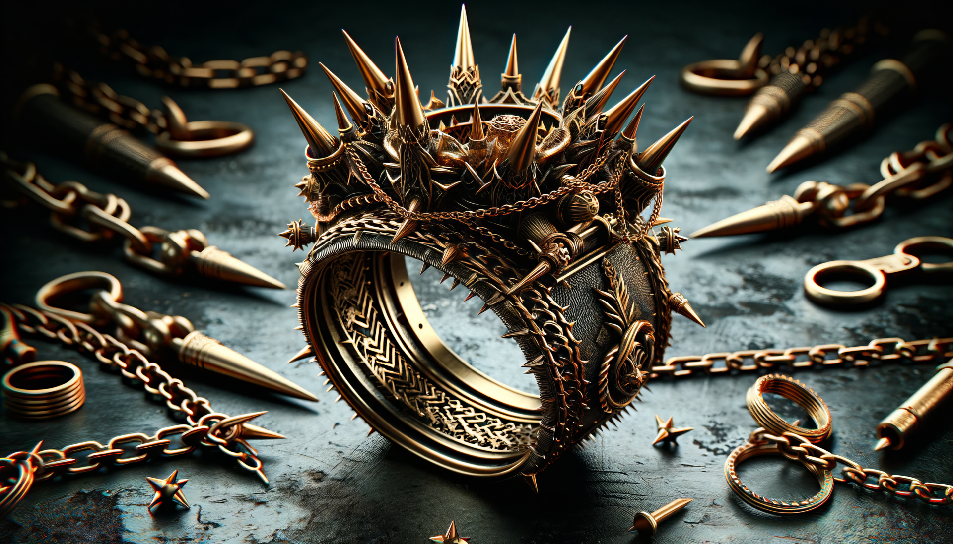 HD wallpaper of an intricate gold ring with spikes resembling a crown, surrounded by jewelry on a textured surface.