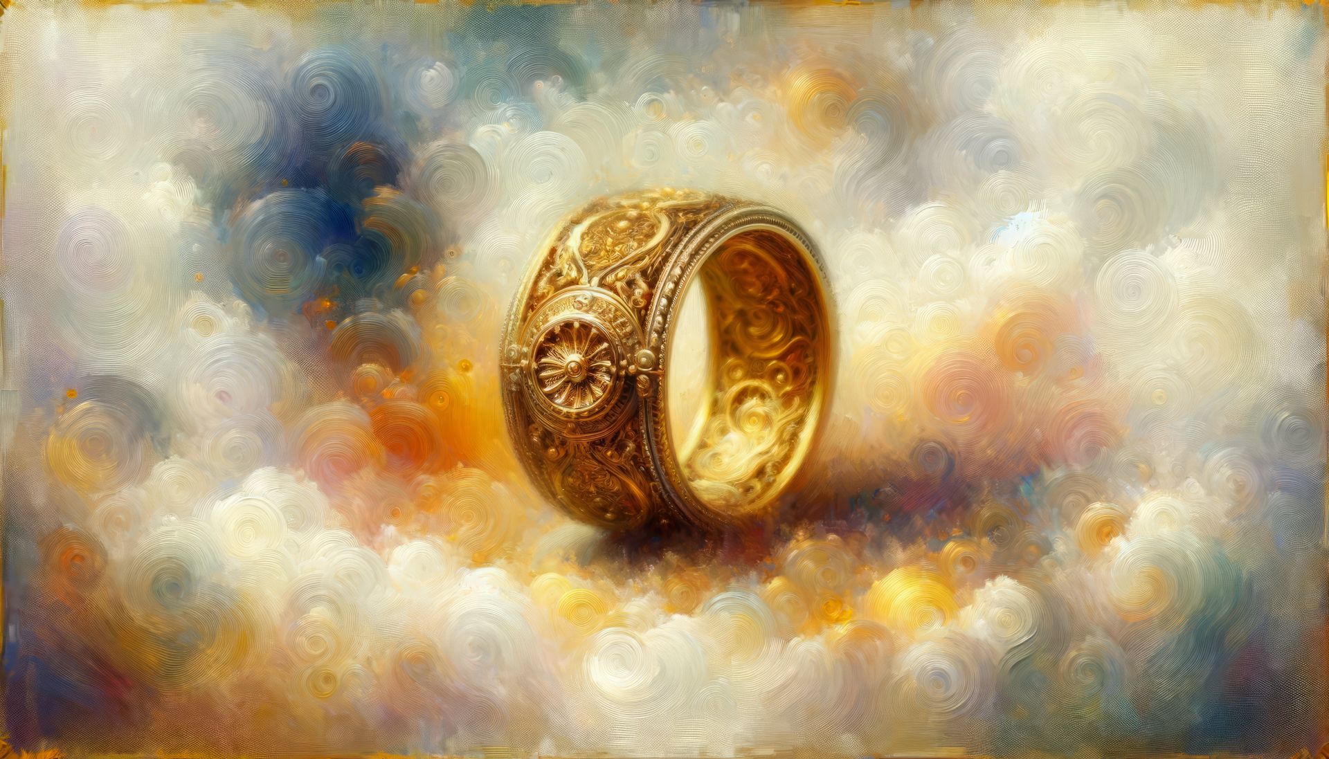 HD desktop wallpaper featuring an intricately designed gold ring against a swirling, impressionistic background.