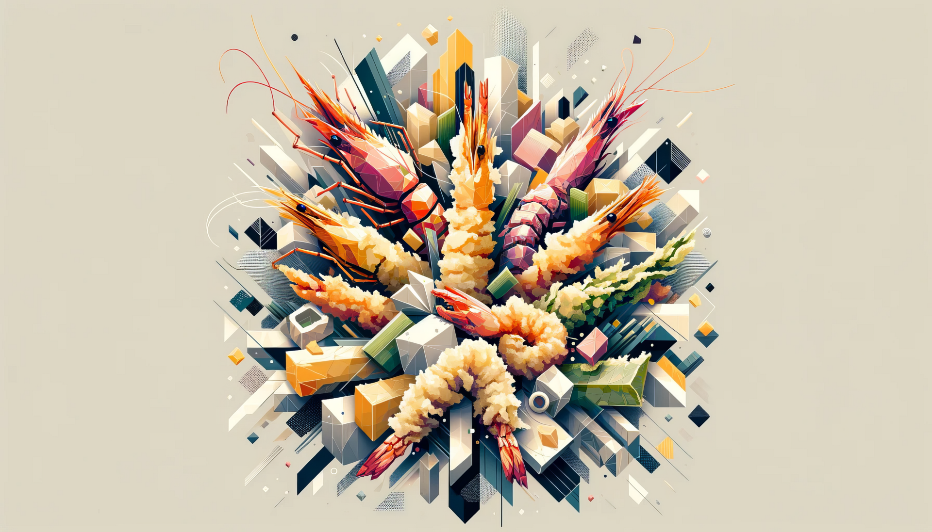 Artistic HD wallpaper featuring a stylized tempura explosion with vibrant abstract shapes on a pastel background.