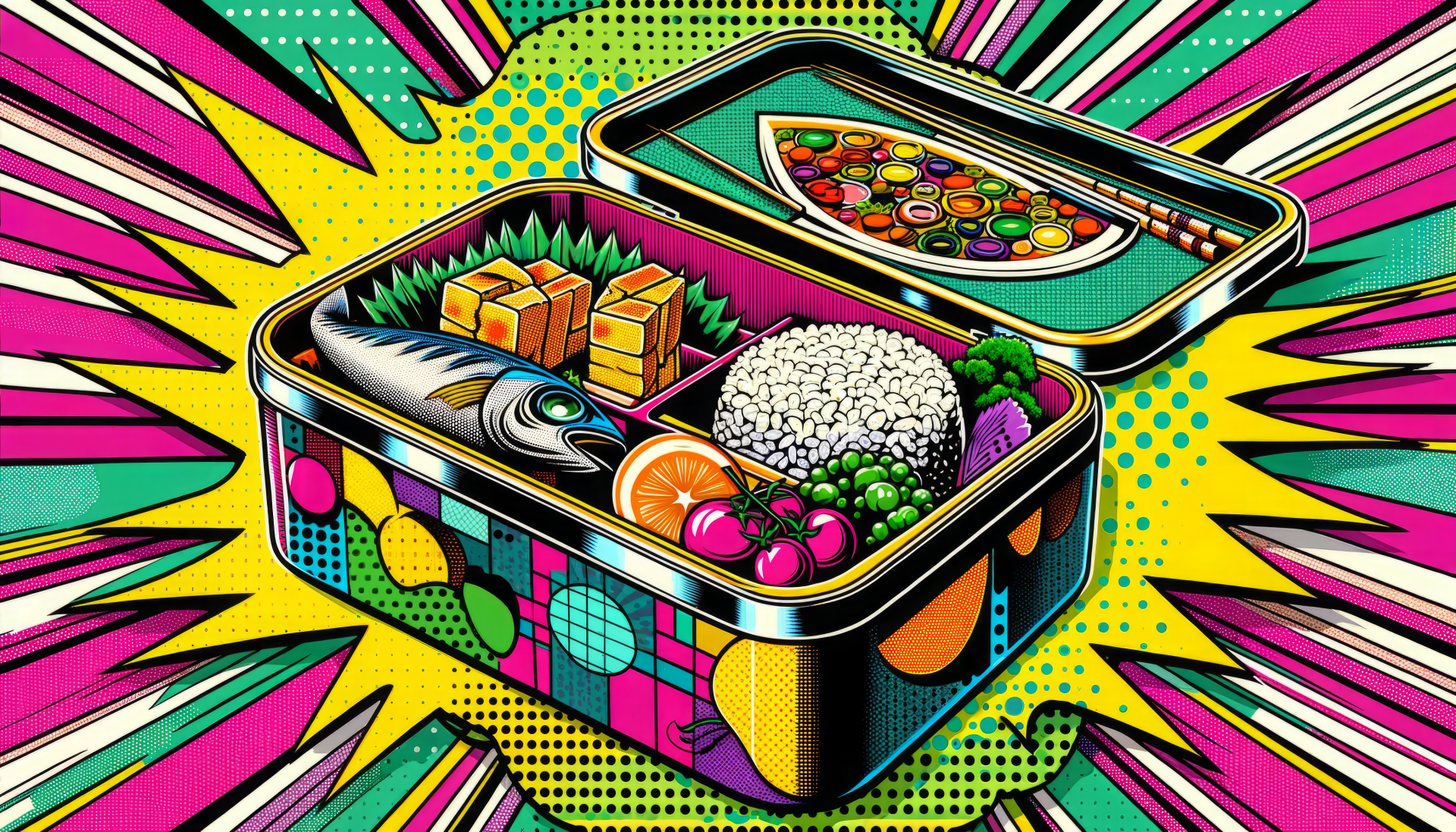 Colorful bento box HD desktop wallpaper featuring vibrant and artistic Japanese cuisine on a pop-art background.