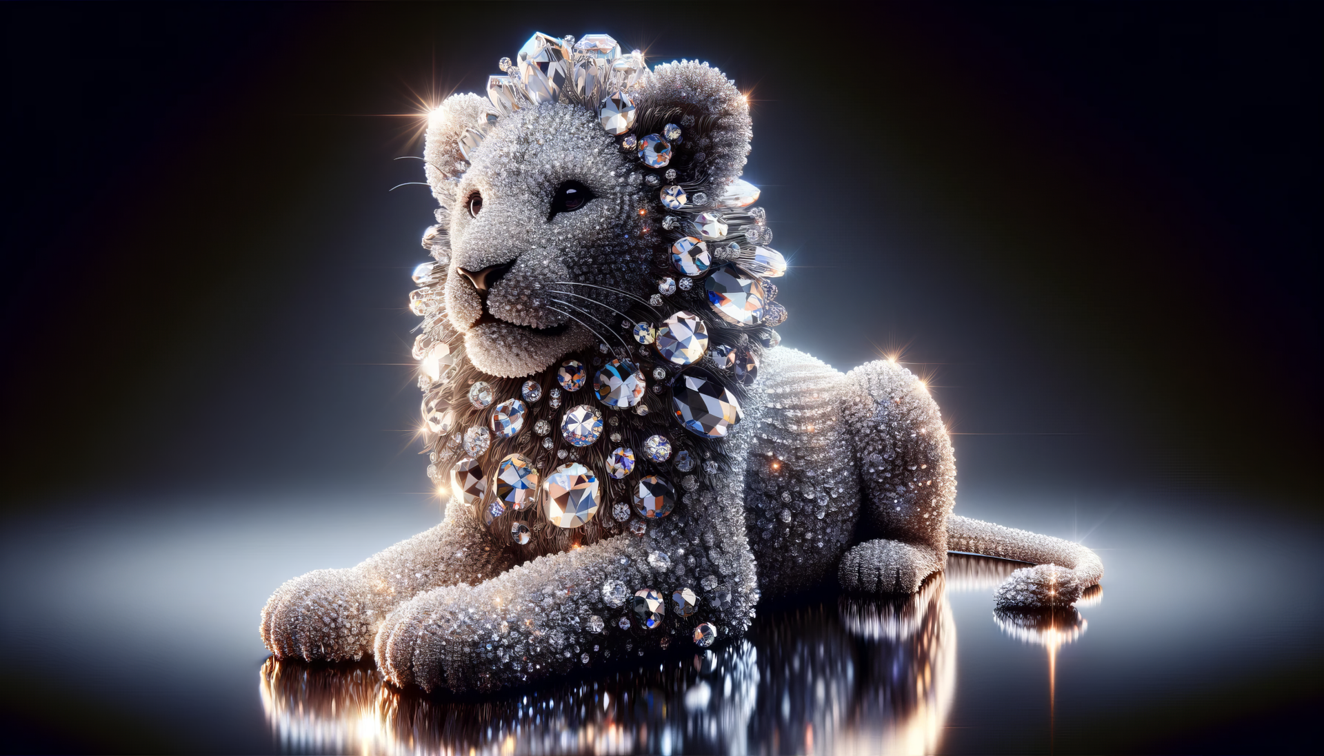 Sparkling crystal-embellished lion cub HD desktop wallpaper with a dark background.