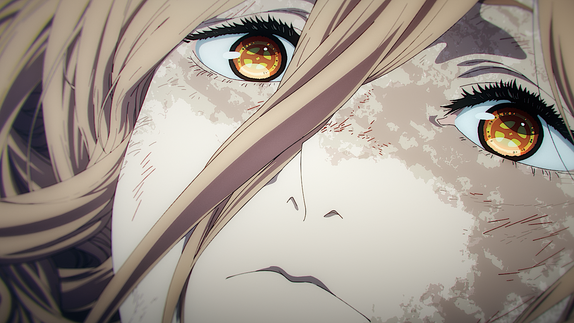 Close-up of an anime character’s intense eyes and face from Chainsaw Man, designed as an HD PC desktop wallpaper and background.