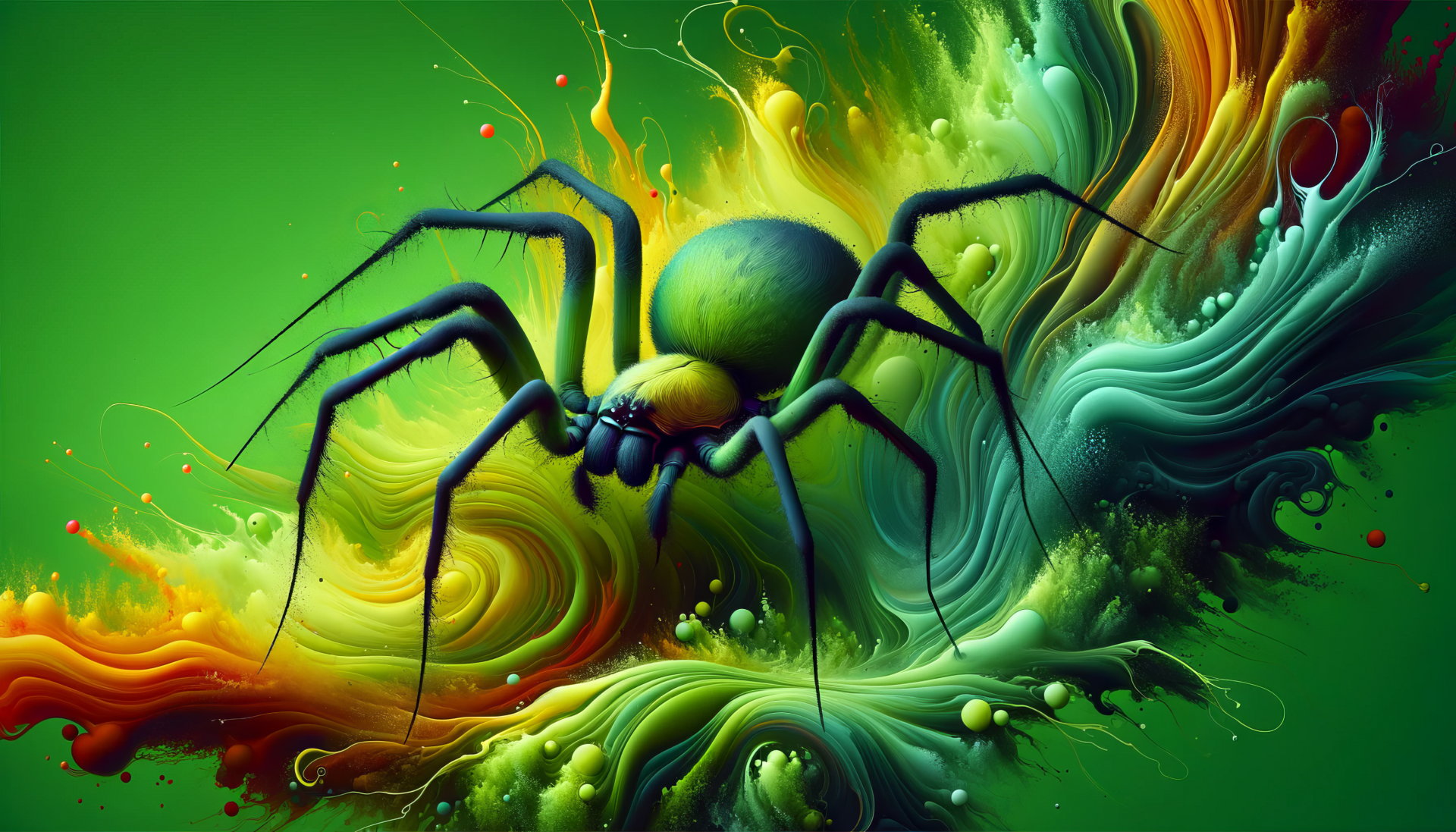 HD wallpaper of a stylized brown recluse spider on a vibrant abstract green and orange background.
