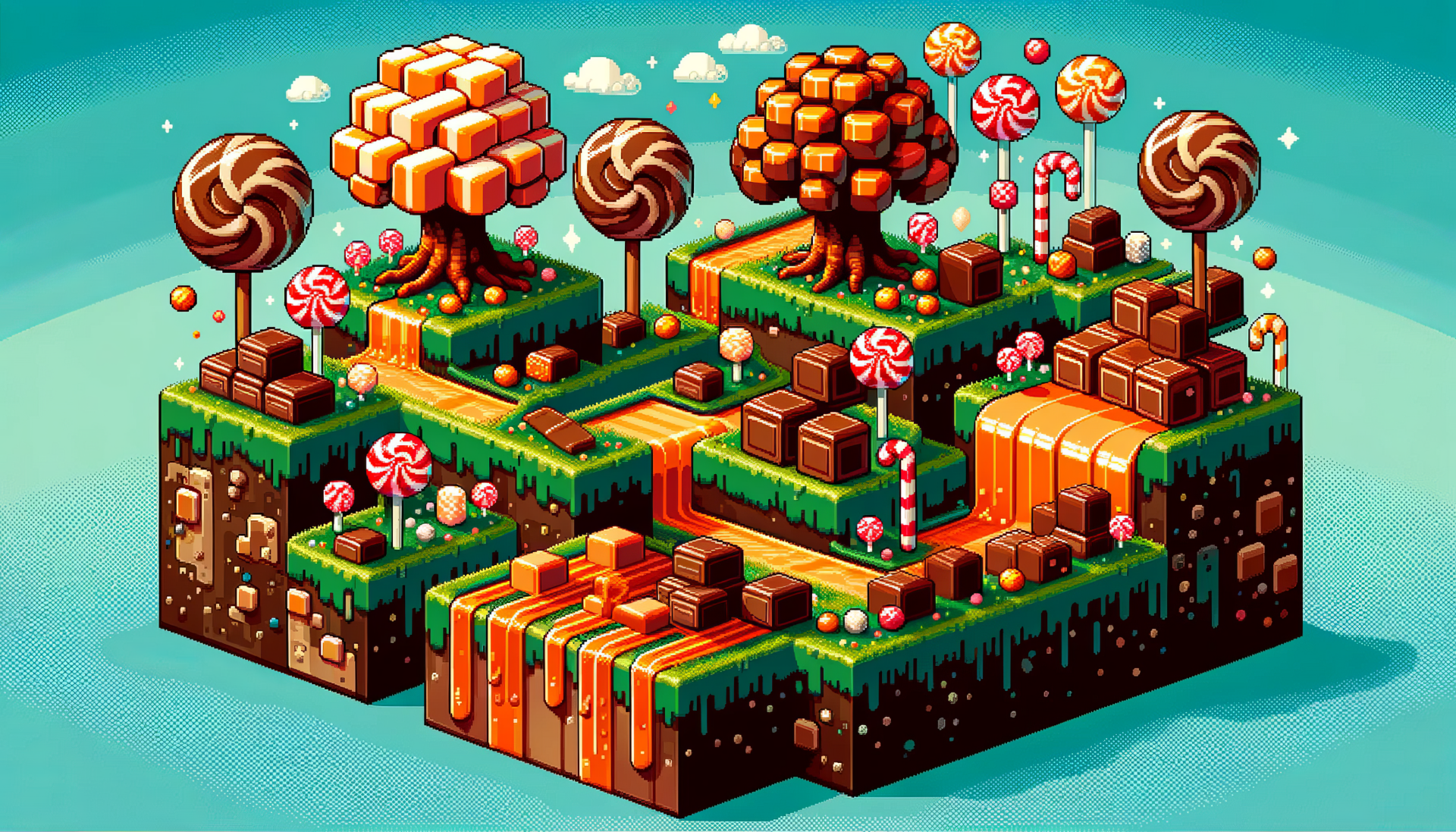 Colorful toffee-themed HD desktop wallpaper featuring a whimsical candy landscape with lollipop trees, toffee bushes, and a vibrant caramel river.