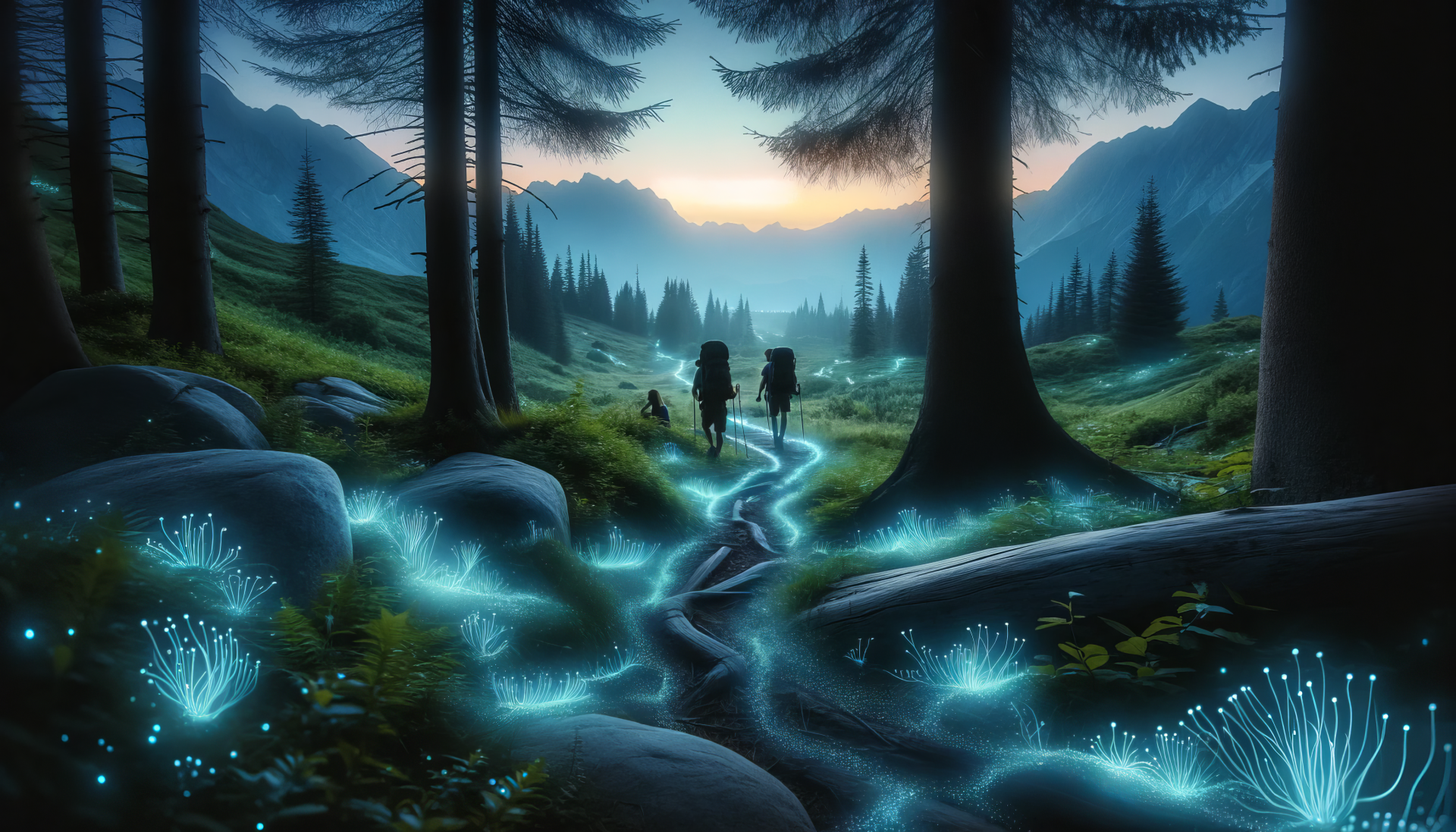 HD desktop wallpaper of backpackers walking through a mystical forest with glowing plants and a sunrise in the background.