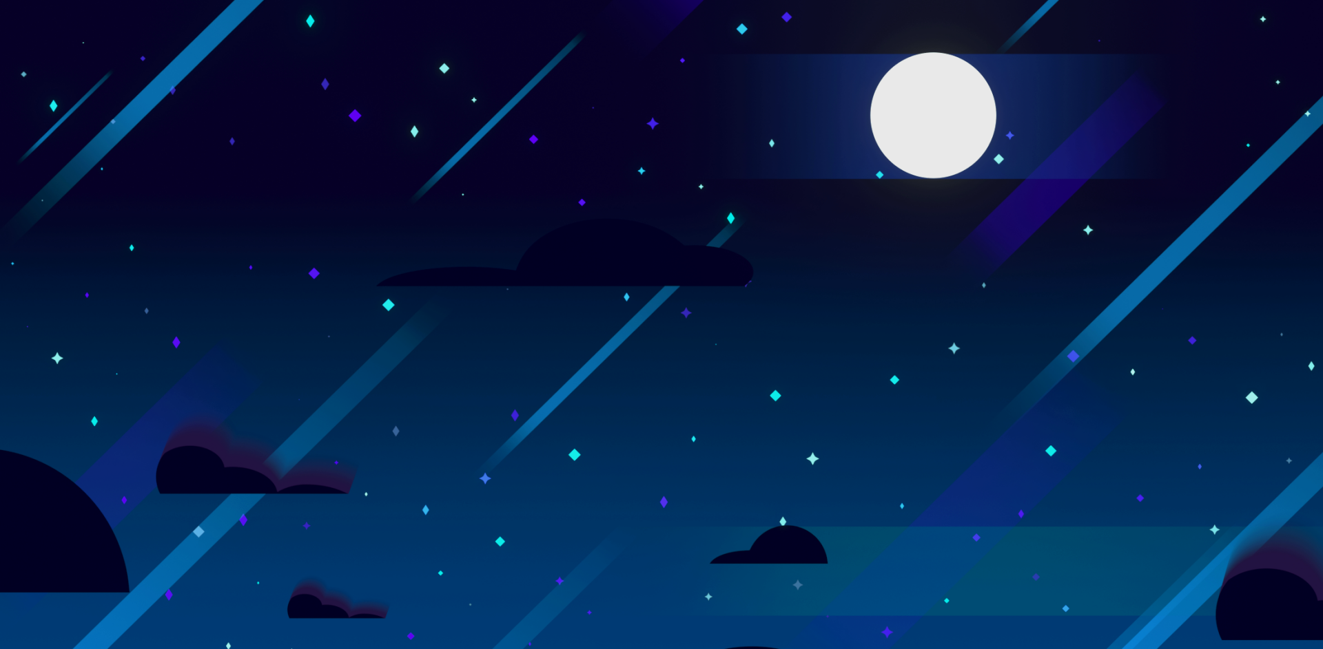HD PC desktop wallpaper featuring a serene night sky with a full moon, scattered stars, shooting stars, and a few dark clouds.