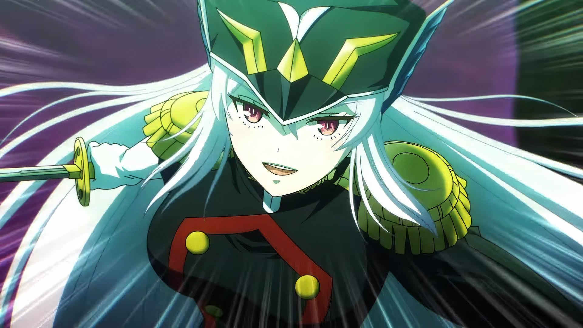 An HD desktop wallpaper featuring Kyouka Uzen from the anime Chained Soldier, portraying her in an action pose with striking armor and a confident expression.