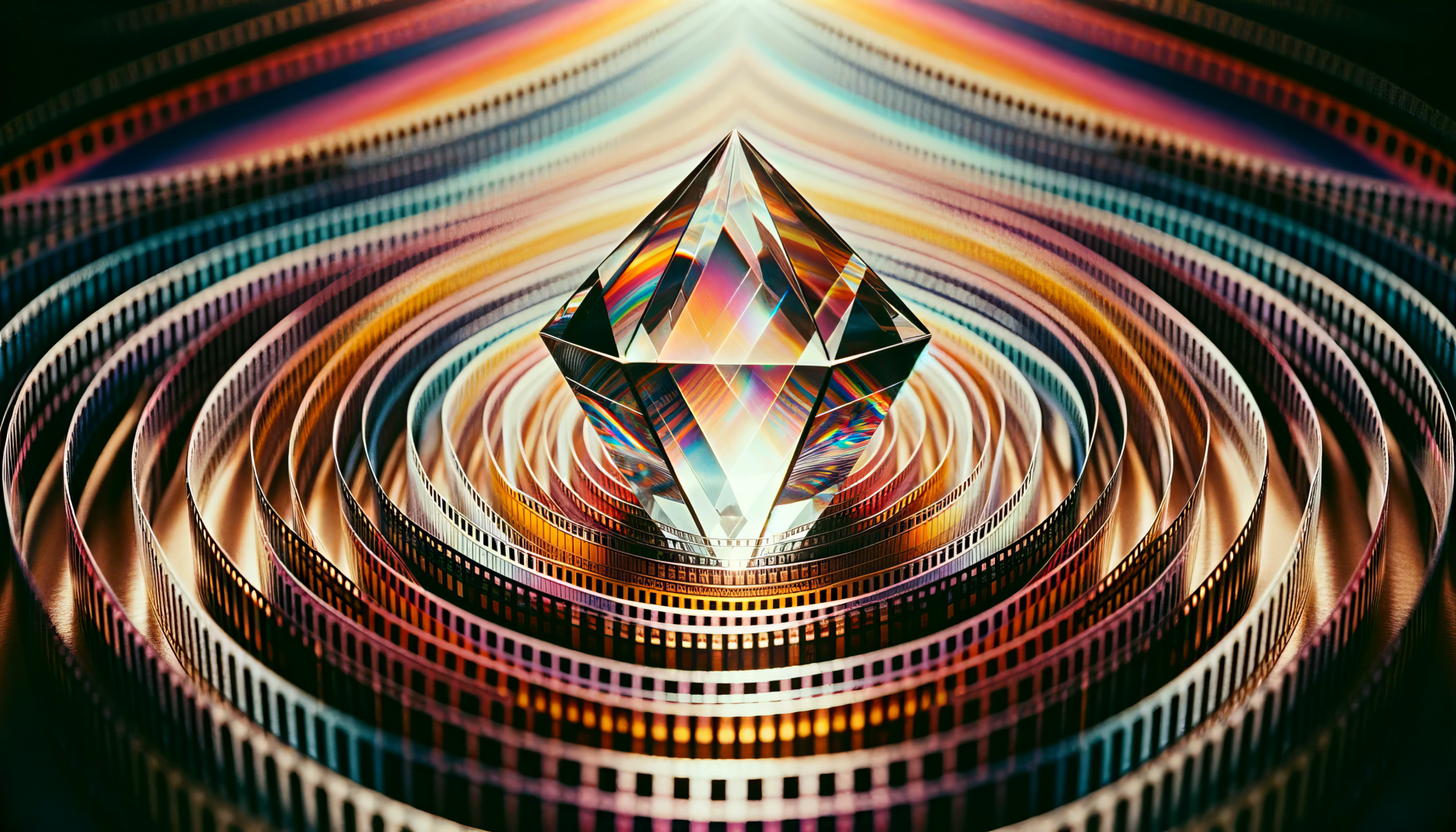 HD desktop wallpaper featuring a geometric prism with hypnotic colorful patterns radiating in the background.