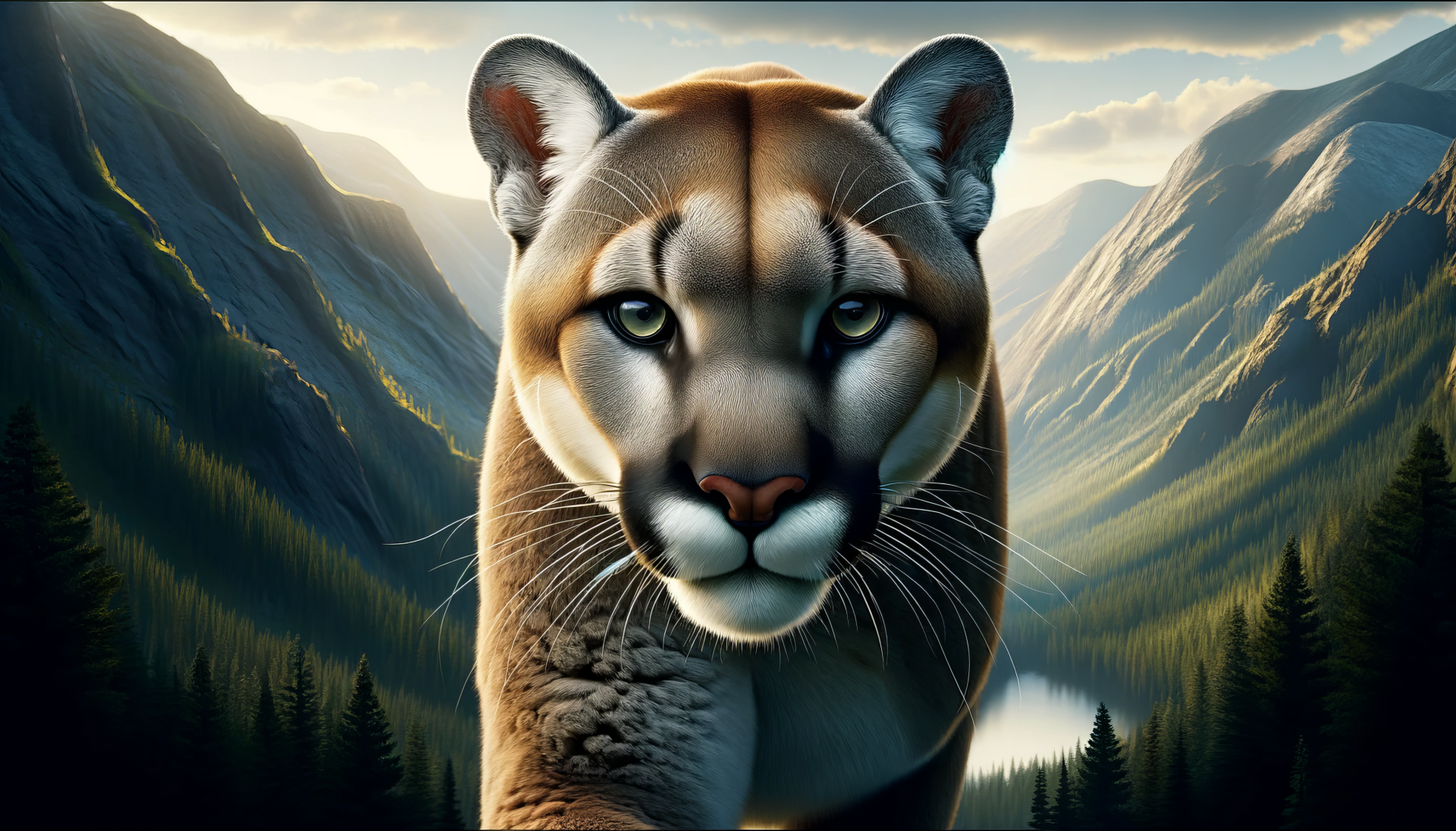 HD wallpaper featuring a majestic cougar with a backdrop of mountainous landscape for desktop background.