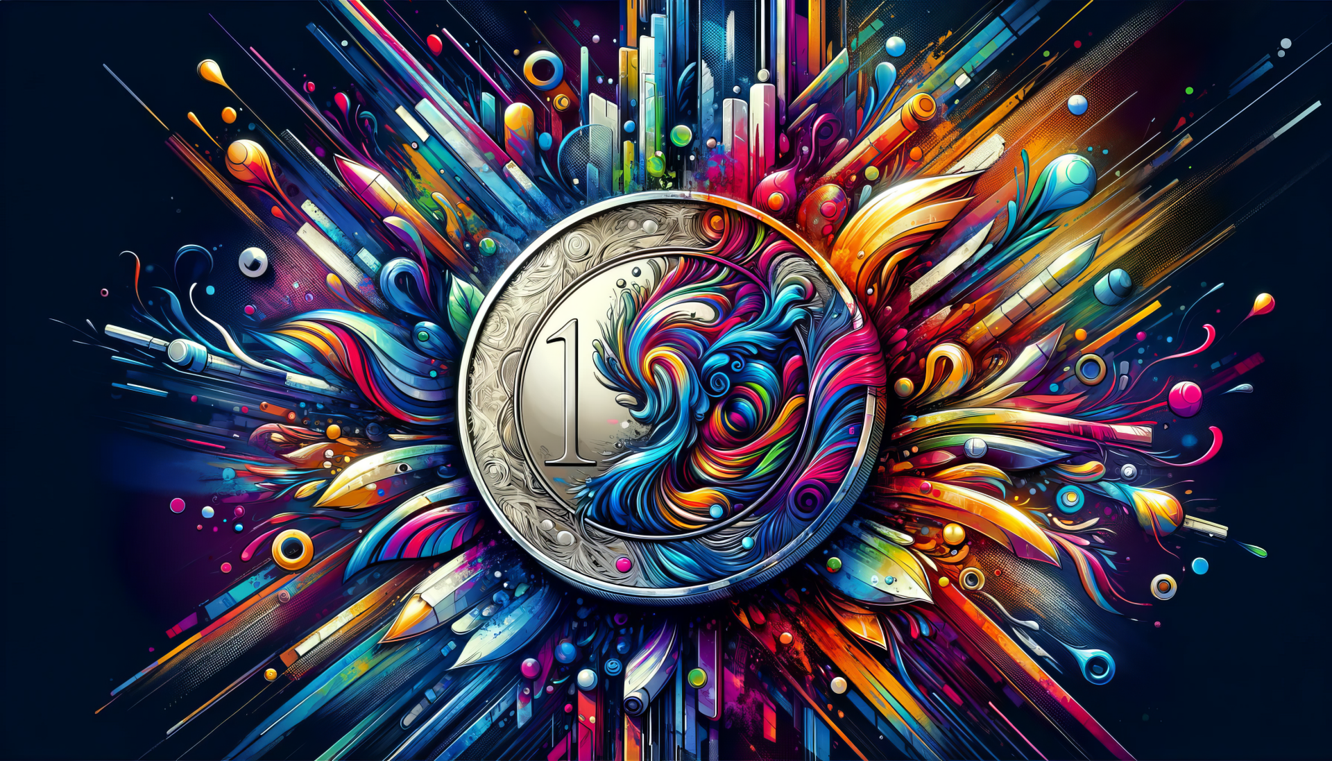 A vibrant silver coin surrounded by an explosion of colorful swirls and patterns, creating an eye-catching HD desktop wallpaper and background.