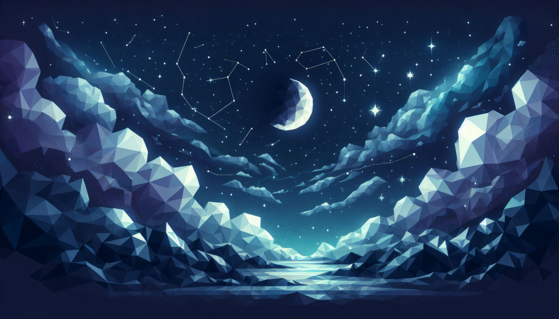 A serene night scene featuring a crescent moon and star-filled sky, framed by geometric clouds and mountains. This HD wallpaper creates a calming and tranquil atmosphere.